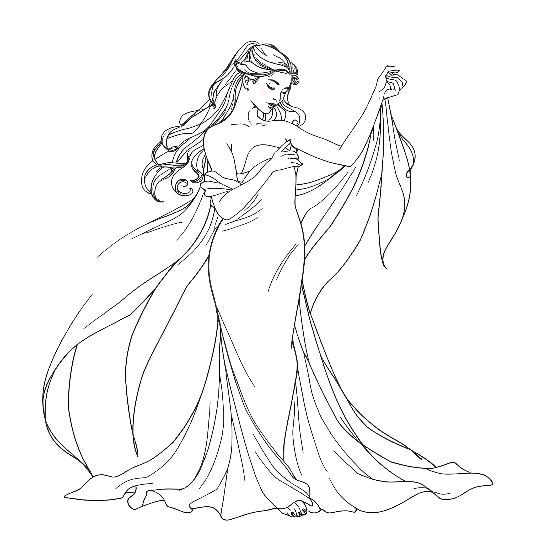Woman in elegant flowing dress with long hair Coloring Page (free black-and-white line drawing printable PDF for all, from beginners to advanced learners, including children, teens, adults, and seniors)