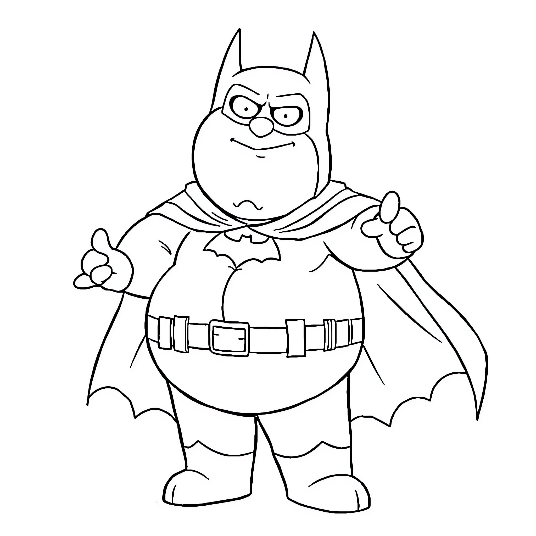 Peter Griffin as a Comical Superhero Coloring Page (free black-and-white line drawing printable PDF for all, from beginners to advanced learners, including children, teens, adults, and seniors)