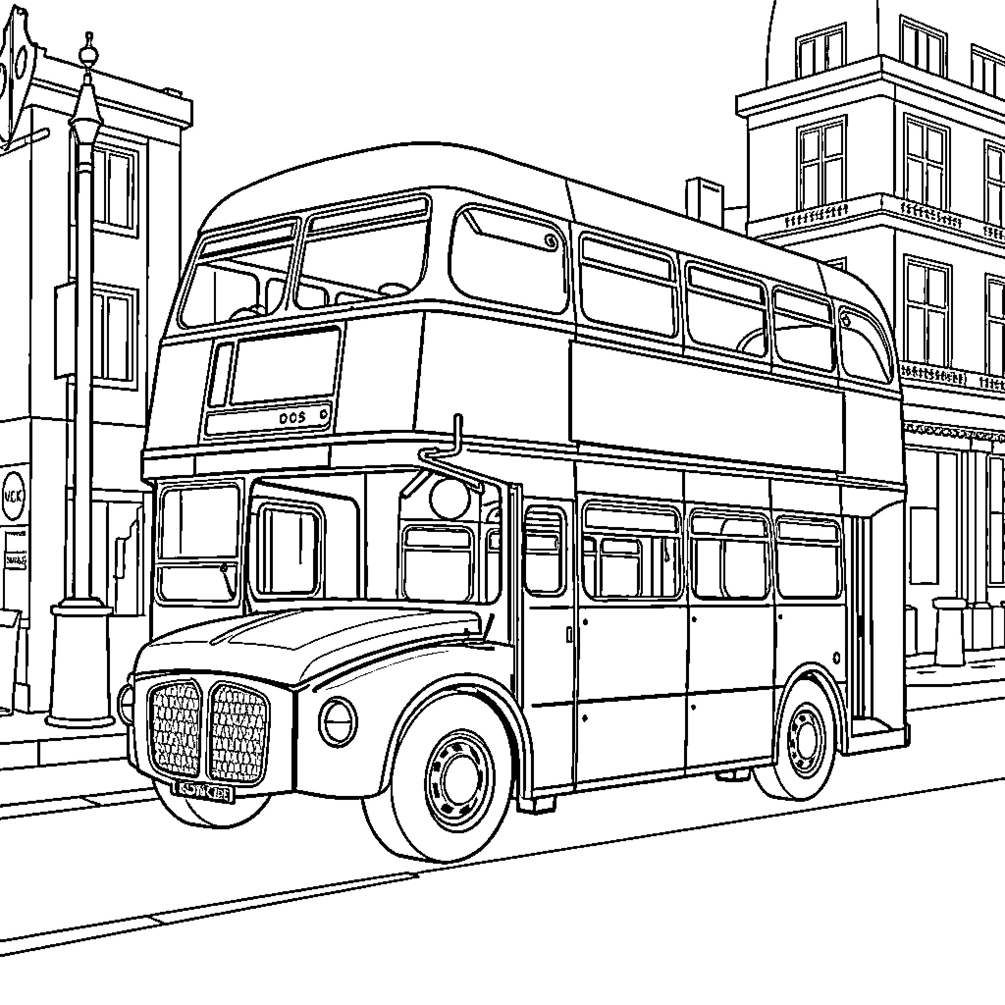 Bus driving through historic city street Coloring Page (free black-and-white line drawing printable PDF for all, from beginners to advanced learners, including children, teens, adults, and seniors)