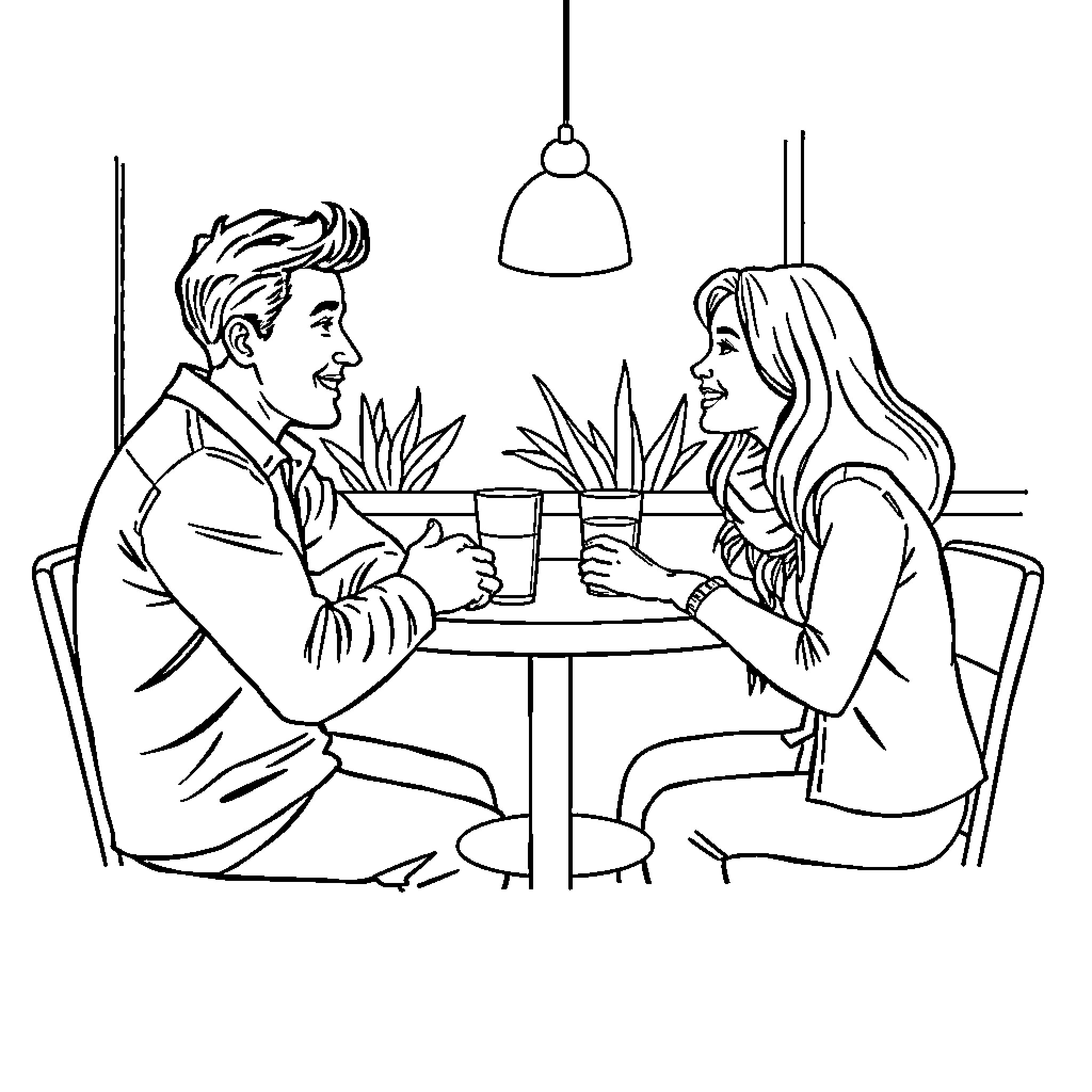 Cat Couple Enjoying Coffee at Cafe Coloring Page (free black-and-white line drawing printable PDF for all, from beginners to advanced learners, including children, teens, adults, and seniors)