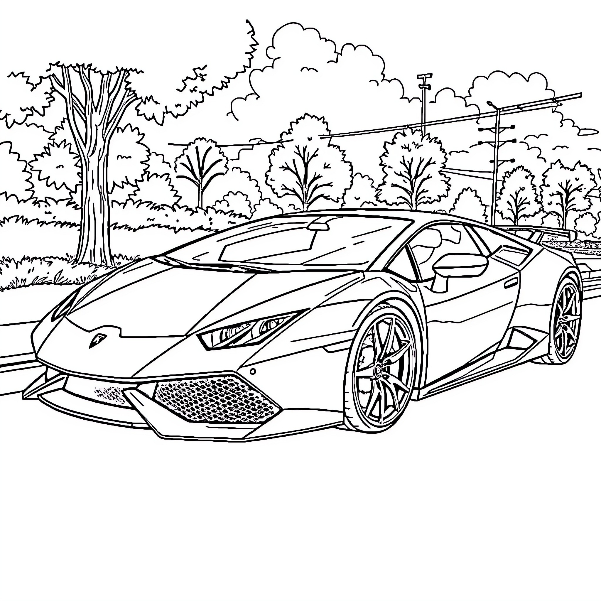 Lamborghini in a serene outdoor setting Coloring Page (free black-and-white line drawing printable PDF for all, from beginners to advanced learners, including children, teens, adults, and seniors)