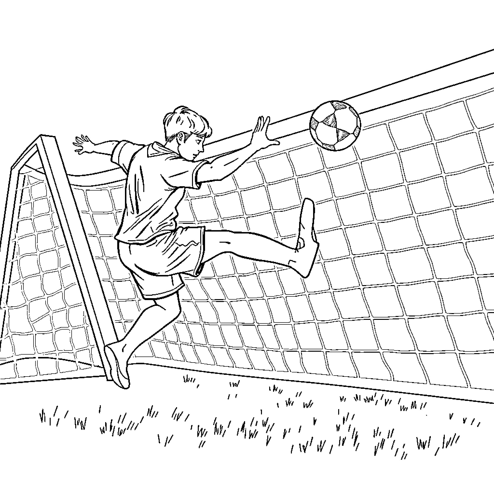 Subbuteo Footballer Scoring a Goal in a Match Coloring Page (free black-and-white line drawing printable PDF for all, from beginners to advanced learners, including children, teens, adults, and seniors)