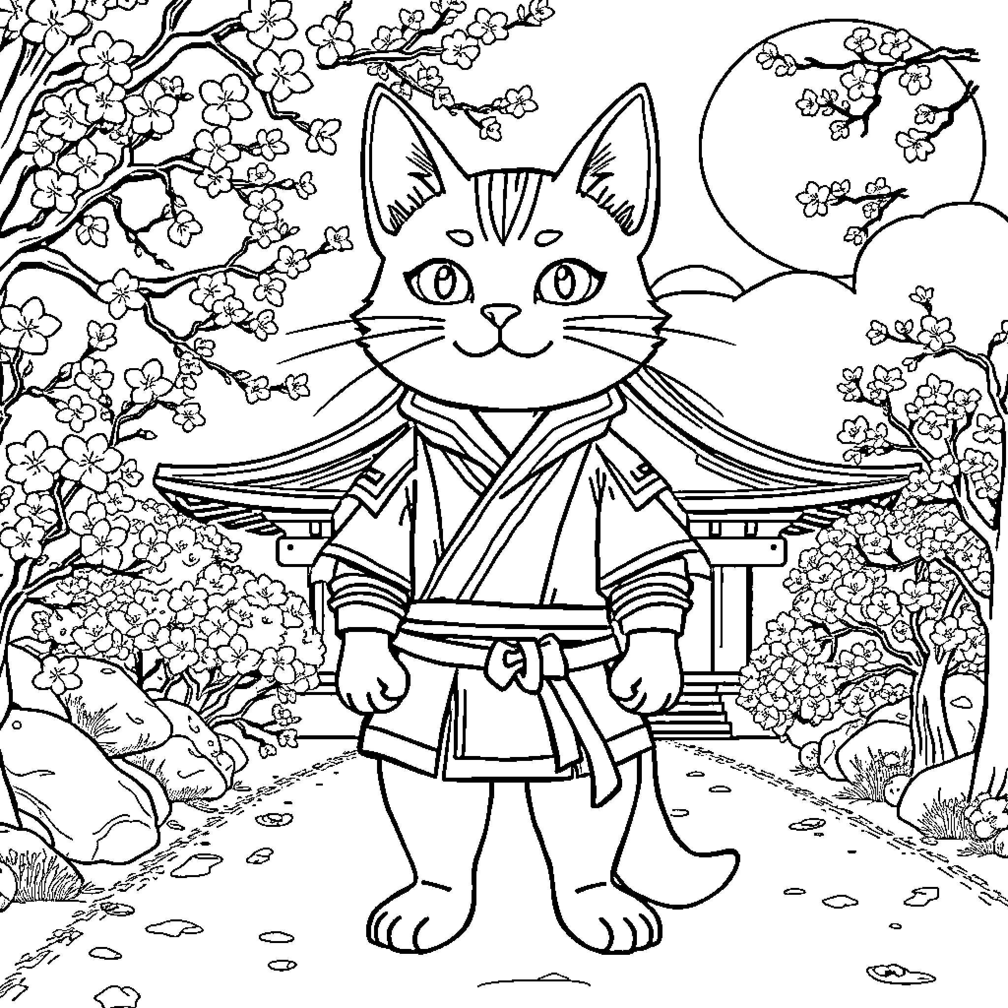 Catdog Ninja in Springtime Landscape Coloring Page (free black-and-white line drawing printable PDF for all, from beginners to advanced learners, including children, teens, adults, and seniors)