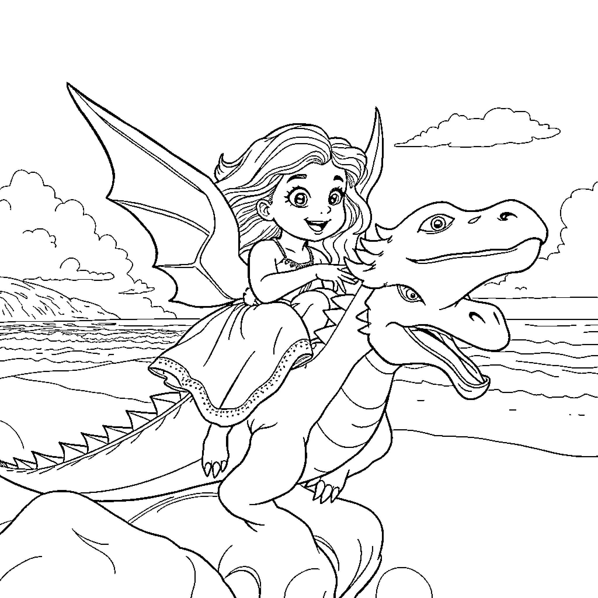 Girl rides a dragon over the ocean Coloring Page (free black-and-white line drawing printable PDF for all, from beginners to advanced learners, including children, teens, adults, and seniors)