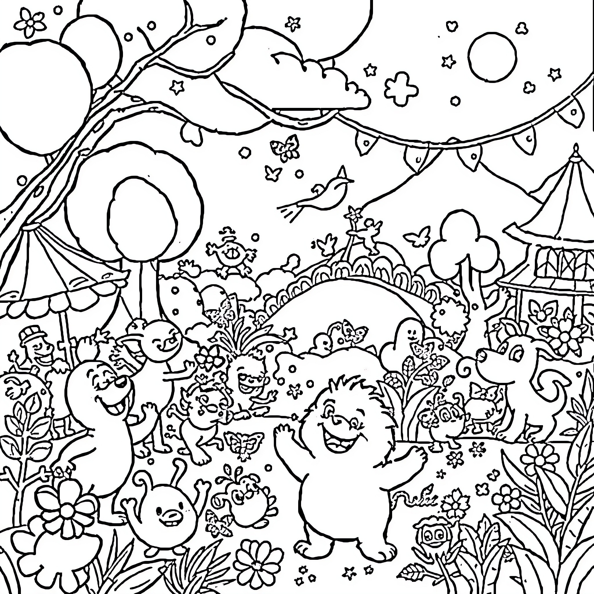Animation of Whimsical Fantasy Characters in Nature Coloring Page (free black-and-white line drawing printable PDF for all, from beginners to advanced learners, including children, teens, adults, and seniors)