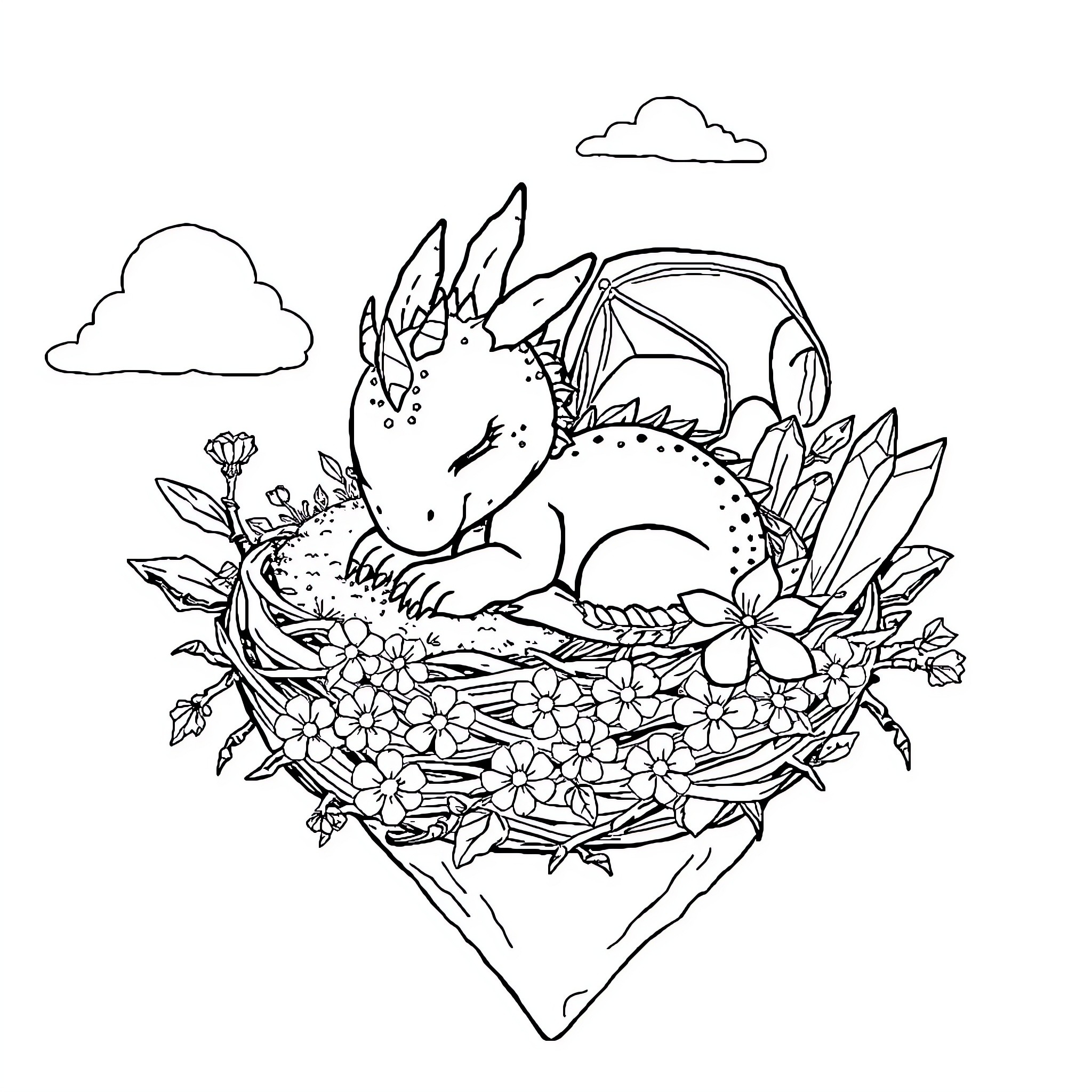 Baby Dragon nestled in a floral garden Coloring Page (free black-and-white line drawing printable PDF for all, from beginners to advanced learners, including children, teens, adults, and seniors)