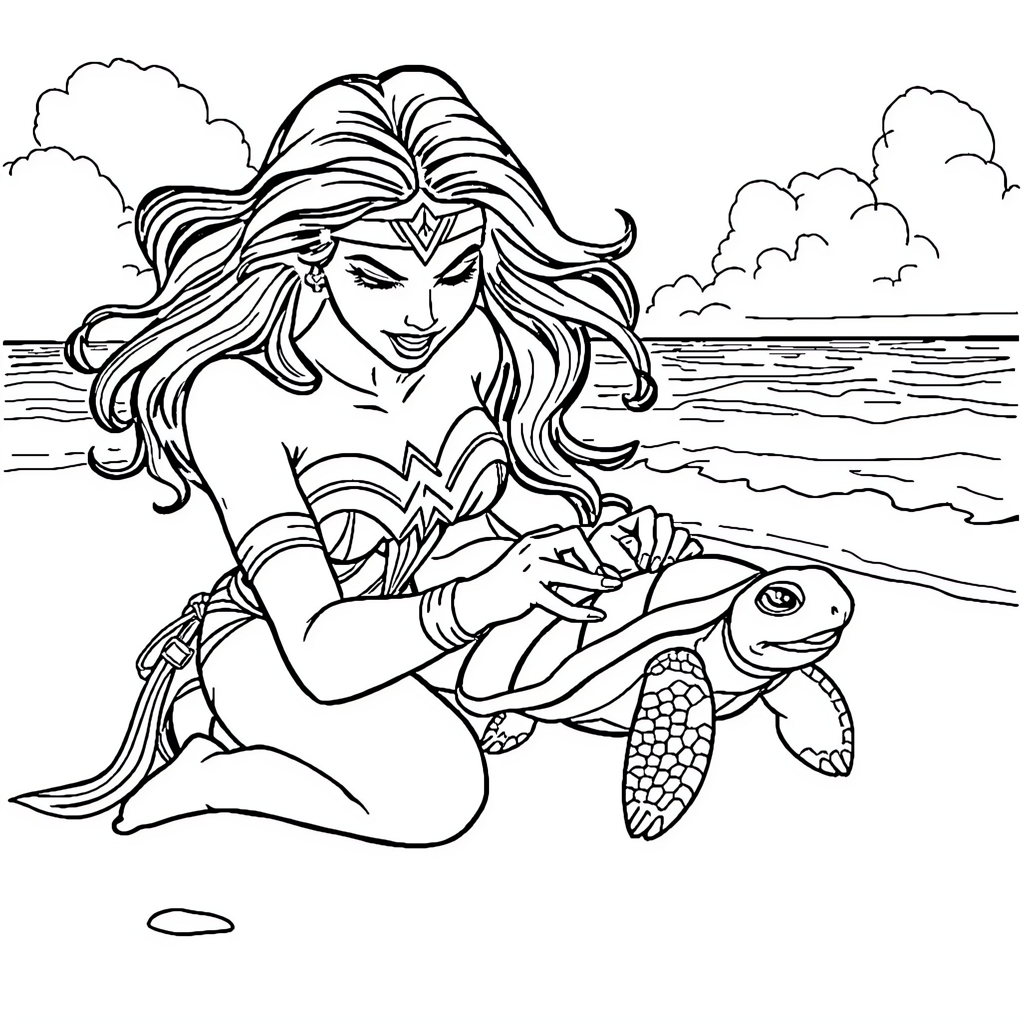Wonder Woman helping a sea turtle on the beach Coloring Page (free black-and-white line drawing printable PDF for all, from beginners to advanced learners, including children, teens, adults, and seniors)