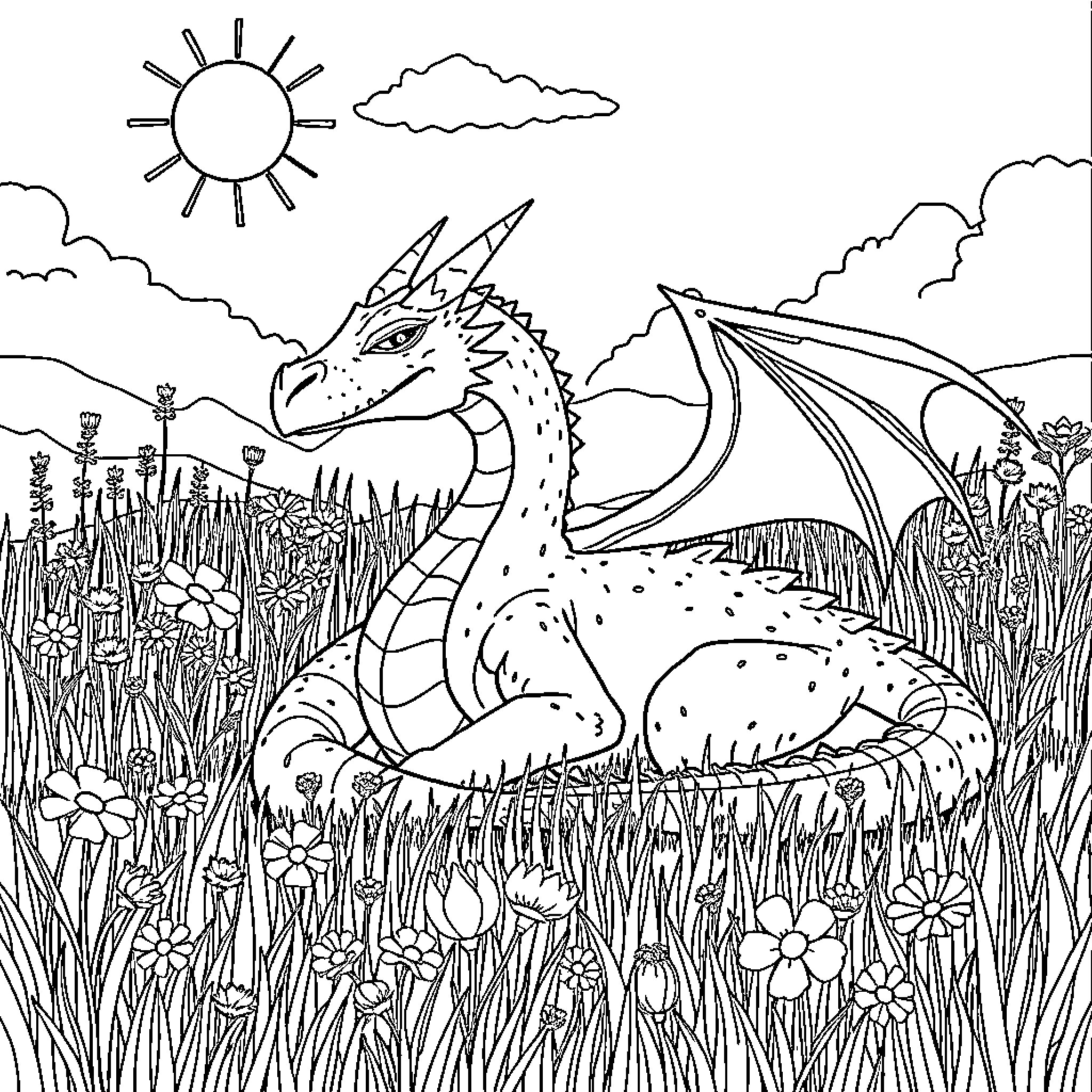 Dragon resting in a peaceful meadow Coloring Page (free black-and-white line drawing printable PDF for all, from beginners to advanced learners, including children, teens, adults, and seniors)