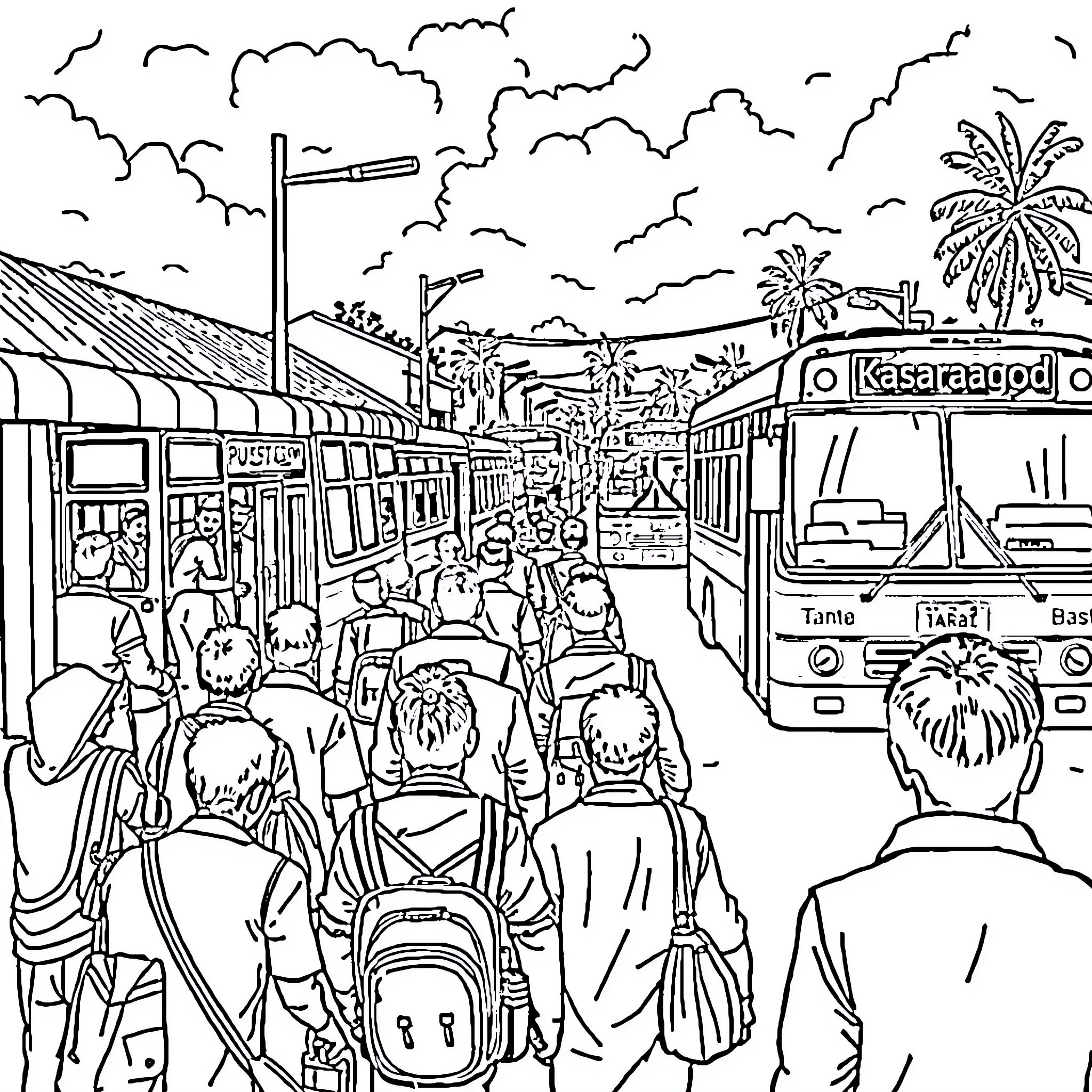 Bus Stand with Bustling People and Vehicles Coloring Page (free black-and-white line drawing printable PDF for all, from beginners to advanced learners, including children, teens, adults, and seniors)
