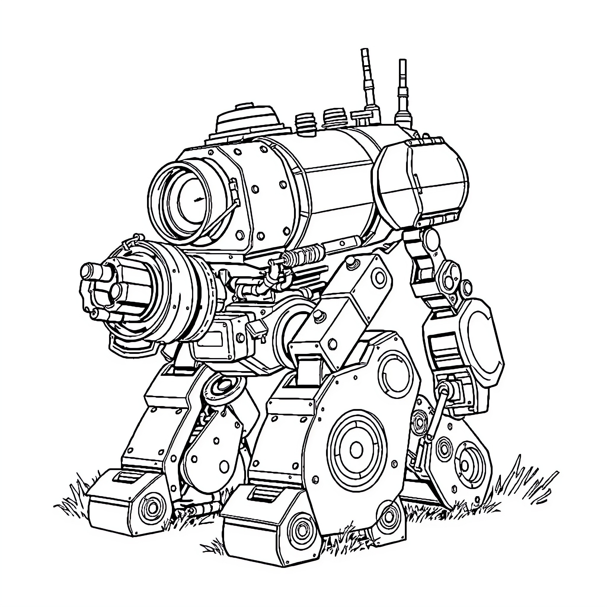 ClankER Mechanical Robot Exploring the Outdoors Coloring Page (free black-and-white line drawing printable PDF for all, from beginners to advanced learners, including children, teens, adults, and seniors)