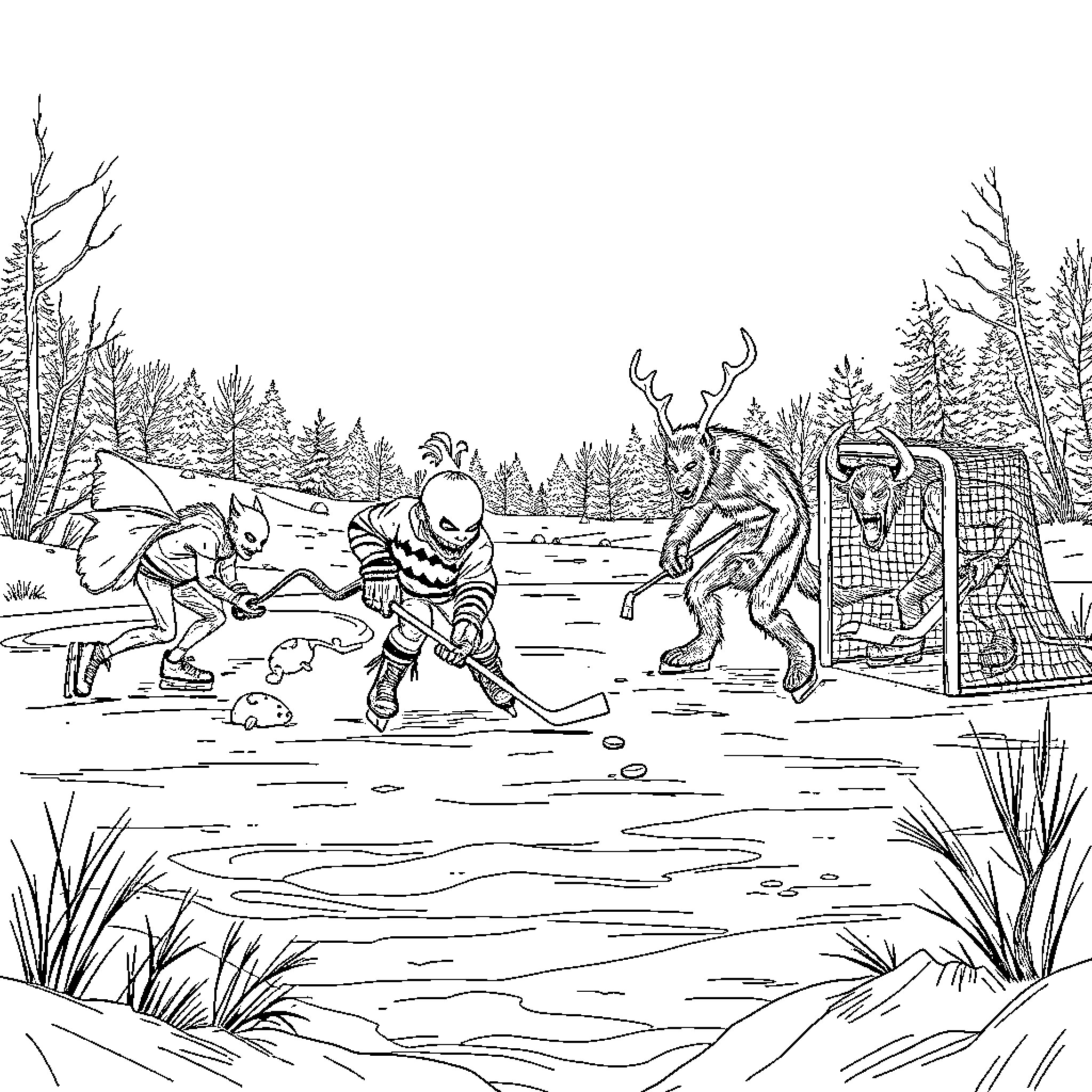 Cryptid hockey game in the forest Coloring Page (free black-and-white line drawing printable PDF for all, from beginners to advanced learners, including children, teens, adults, and seniors)