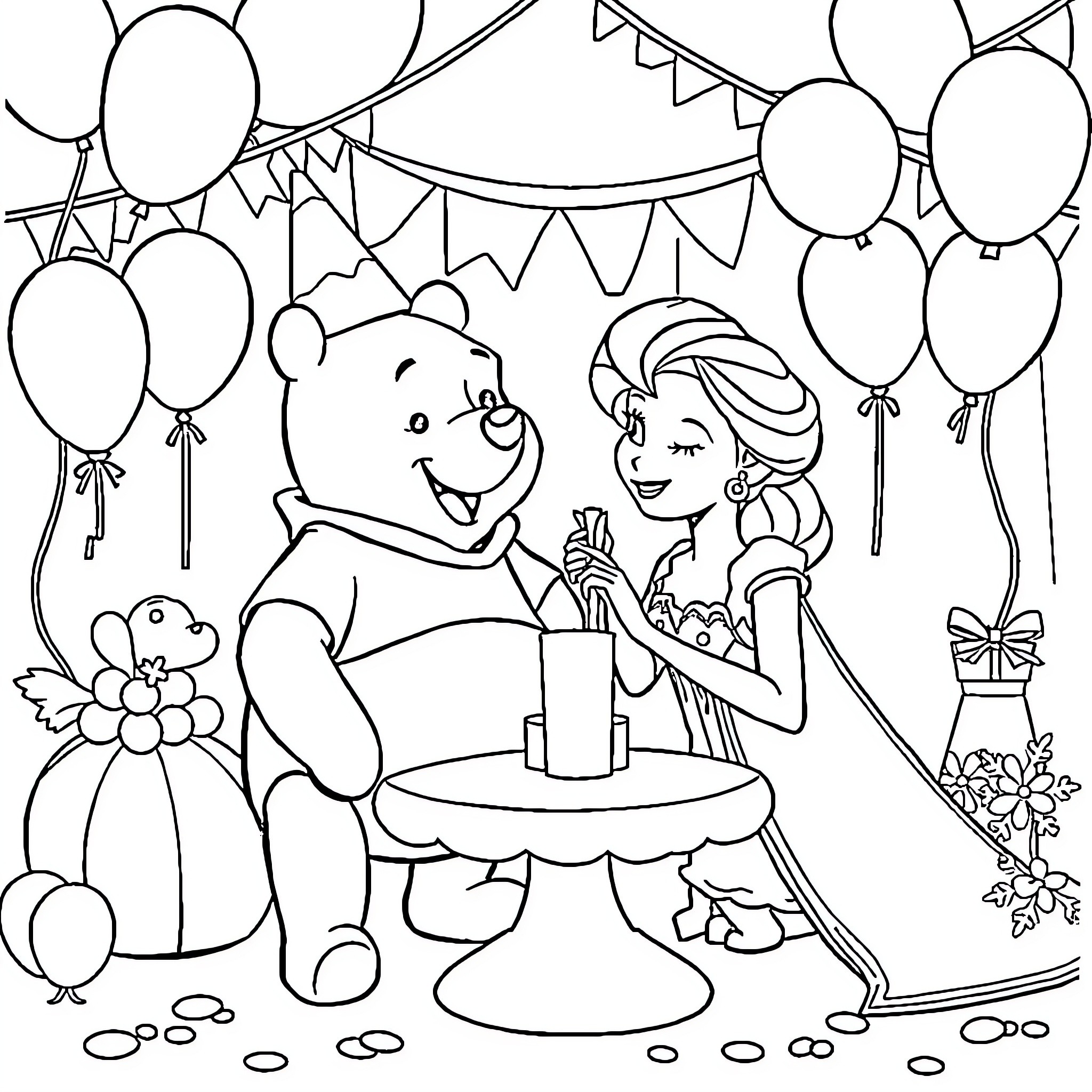 Winnie The Pooh having a party with friends Coloring Page (free black-and-white line drawing printable PDF for all, from beginners to advanced learners, including children, teens, adults, and seniors)