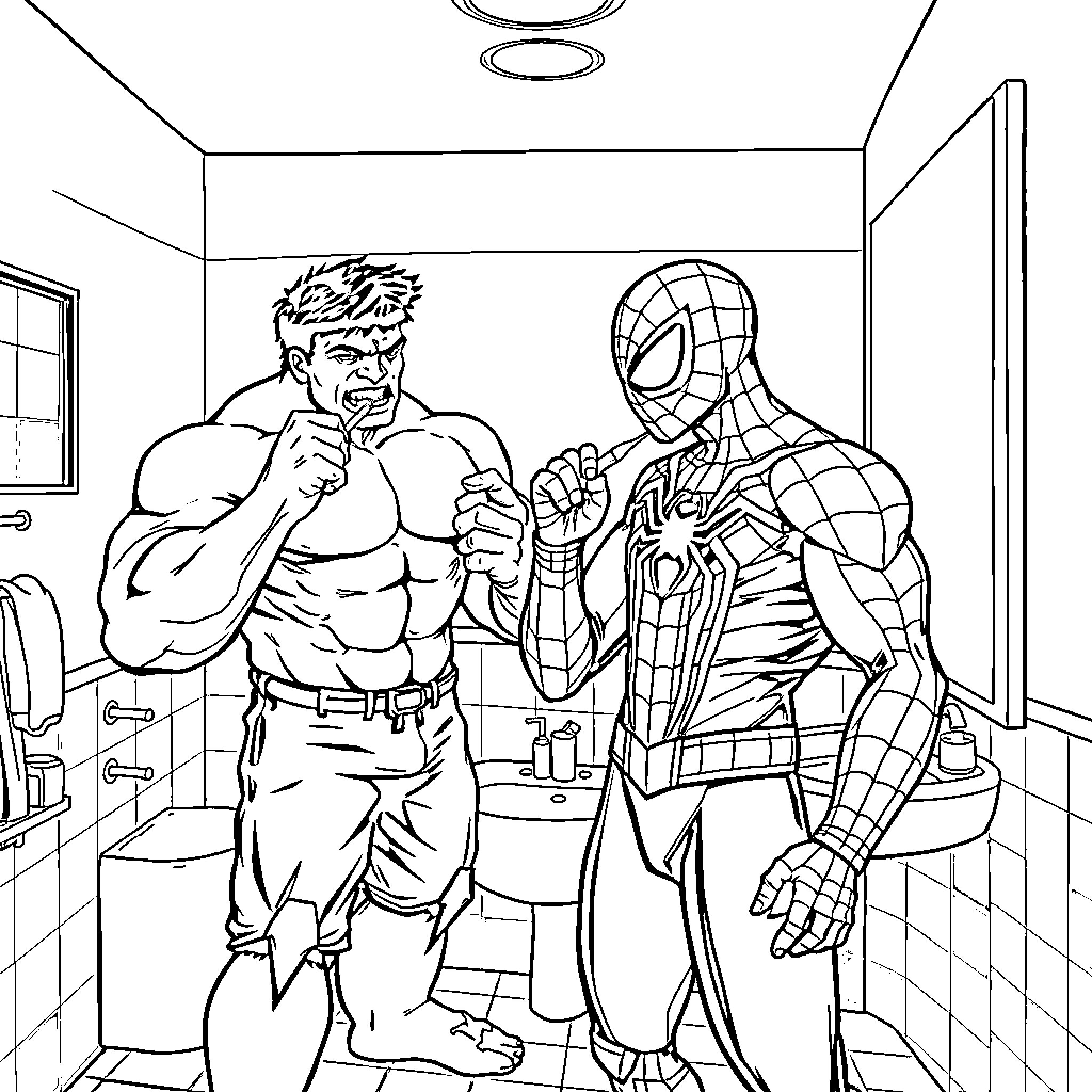 Hulk and Spiderman teaming up in a bathroom Coloring Page (free black-and-white line drawing printable PDF for all, from beginners to advanced learners, including children, teens, adults, and seniors)