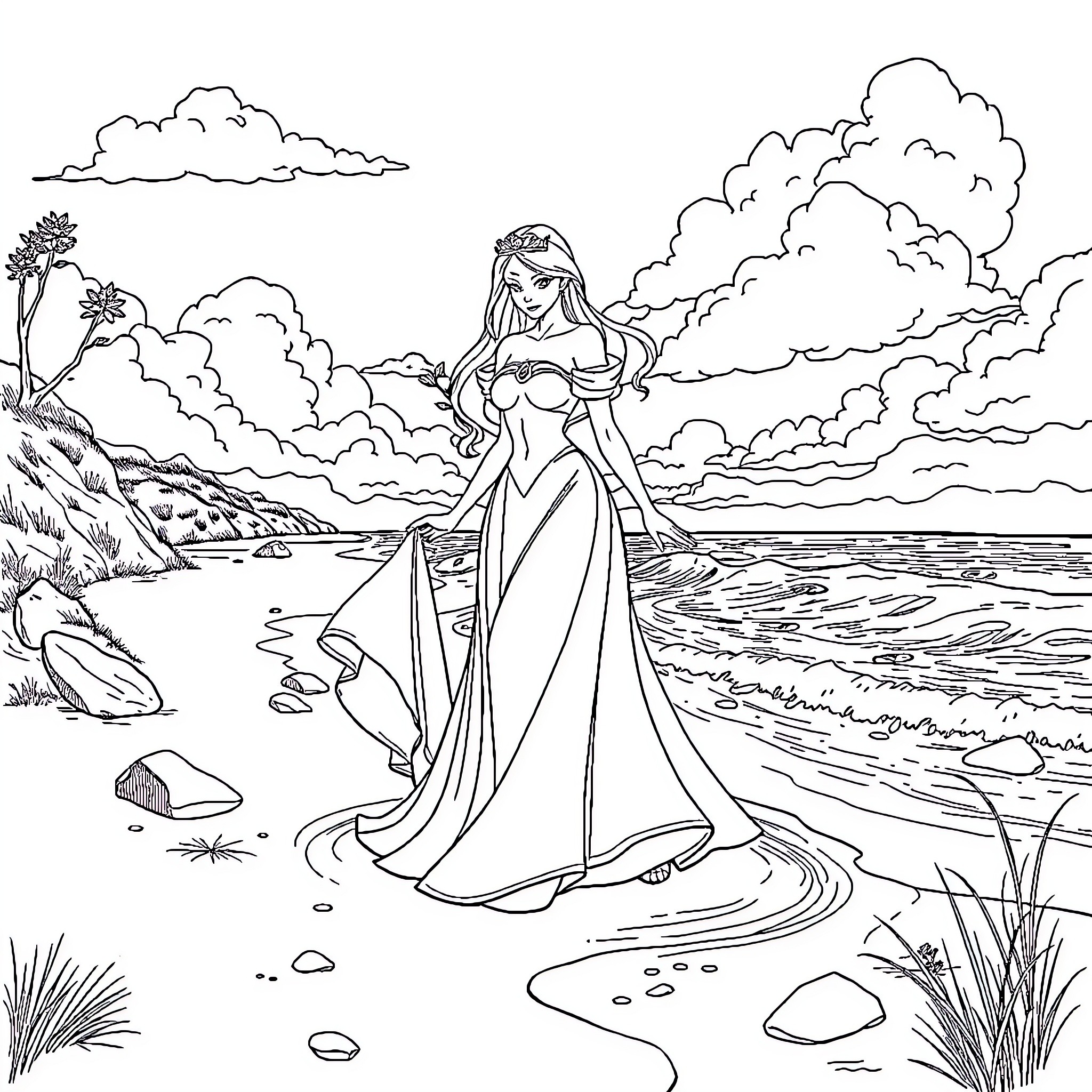 Princess in a Serene Coastal Landscape Coloring Page (free black-and-white line drawing printable PDF for all, from beginners to advanced learners, including children, teens, adults, and seniors)