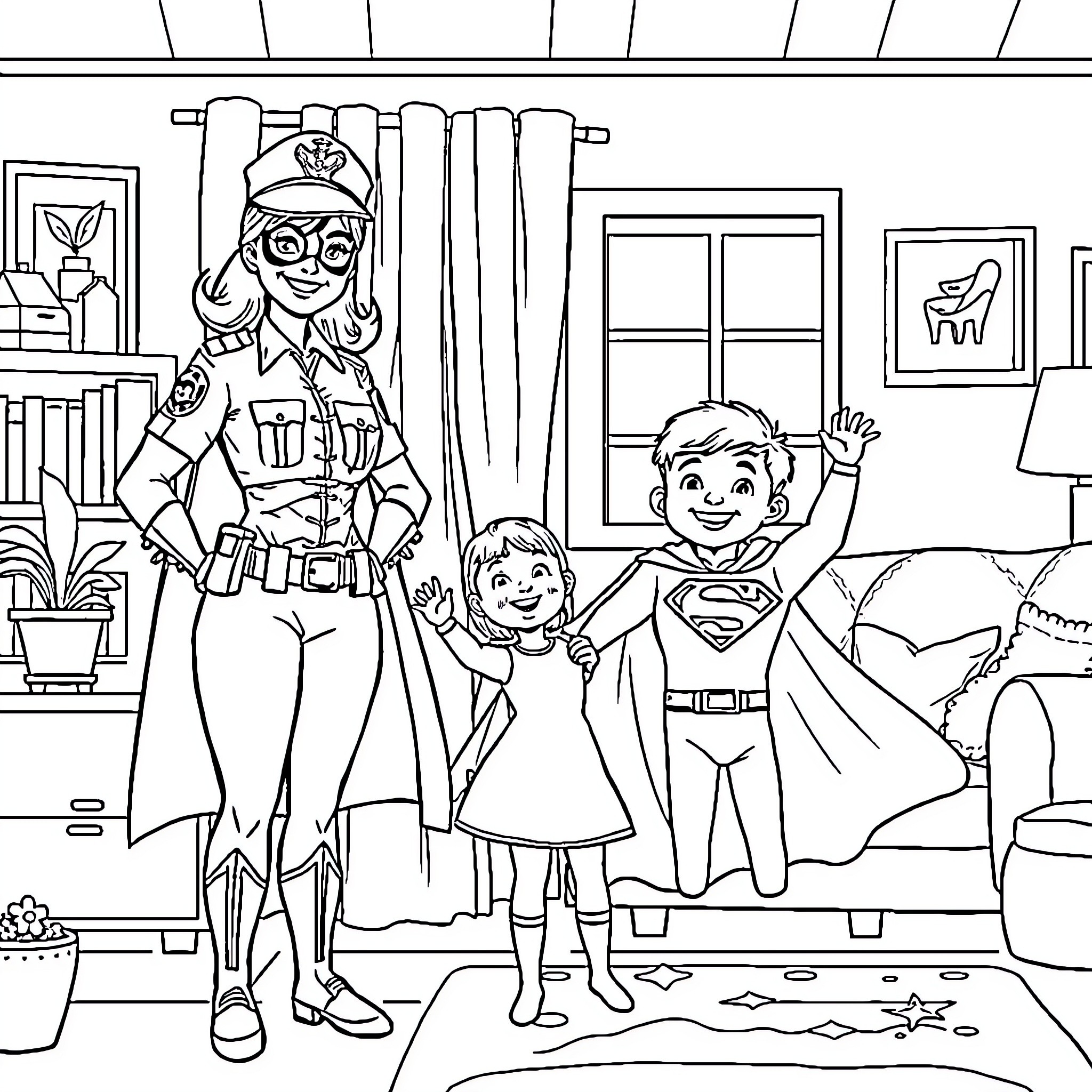 Family Dresses Up as Superheroes at Home Coloring Page (free black-and-white line drawing printable PDF for all, from beginners to advanced learners, including children, teens, adults, and seniors)