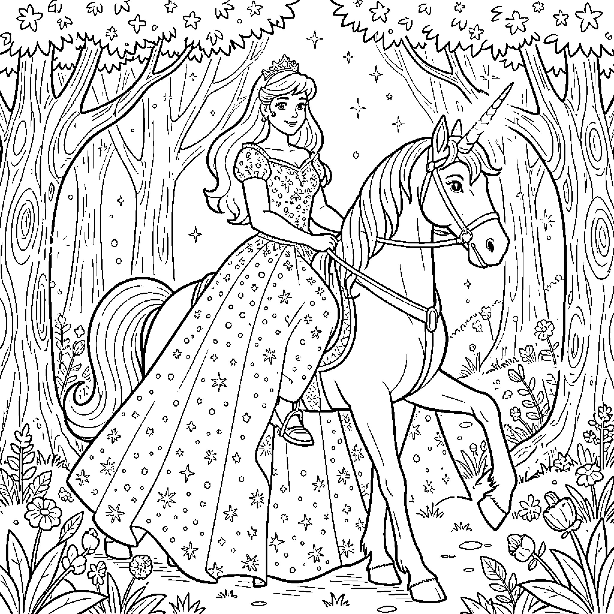 Princess Riding Unicorn Through Enchanted Forest Coloring Page (free black-and-white line drawing printable PDF for all, from beginners to advanced learners, including children, teens, adults, and seniors)