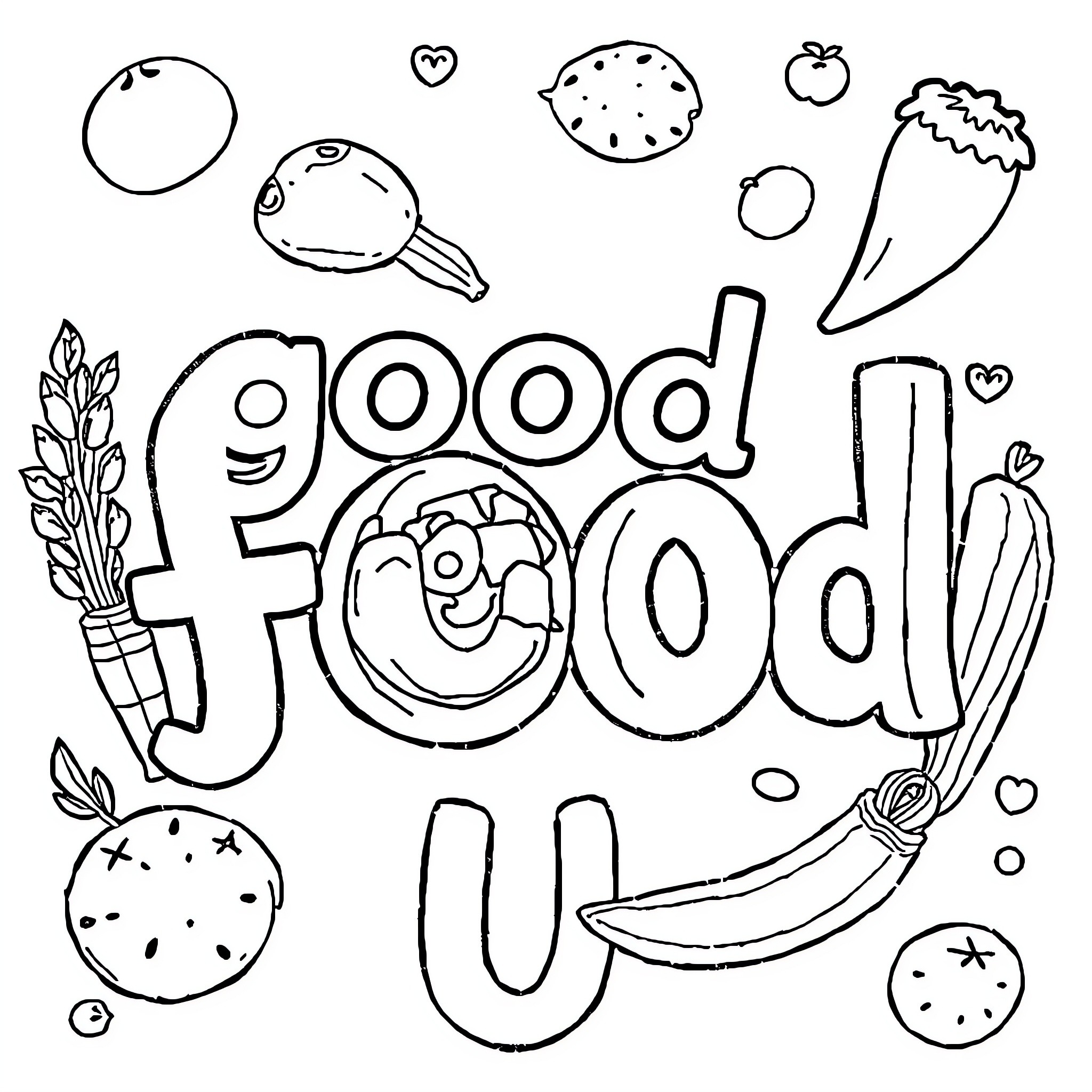 Food with Cheerful Text and Doodle Illustrations Coloring Page (free black-and-white line drawing printable PDF for all, from beginners to advanced learners, including children, teens, adults, and seniors)