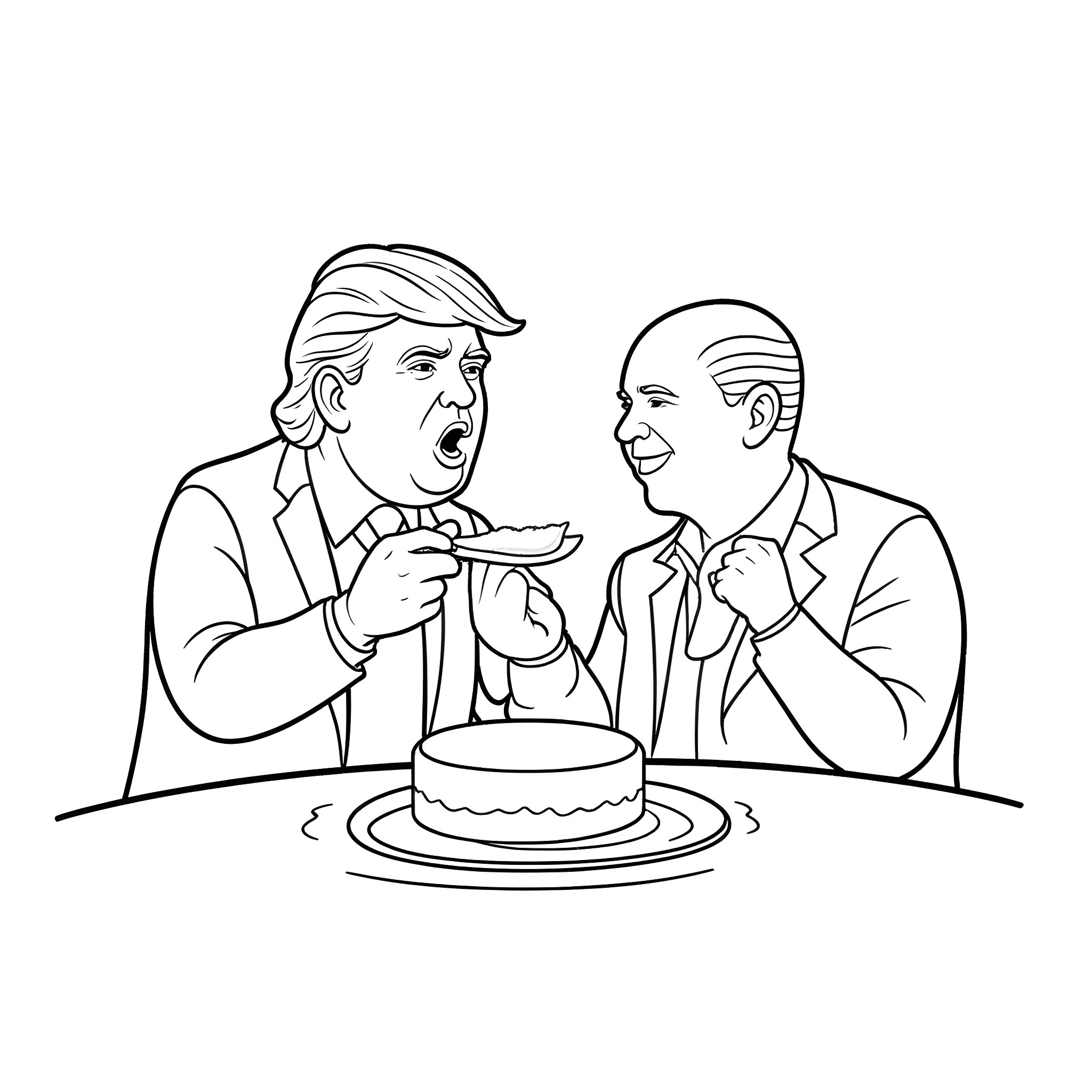 Donald Trump and Barack Obama sharing a birthday cake Coloring Page (free black-and-white line drawing printable PDF for all, from beginners to advanced learners, including children, teens, adults, and seniors)