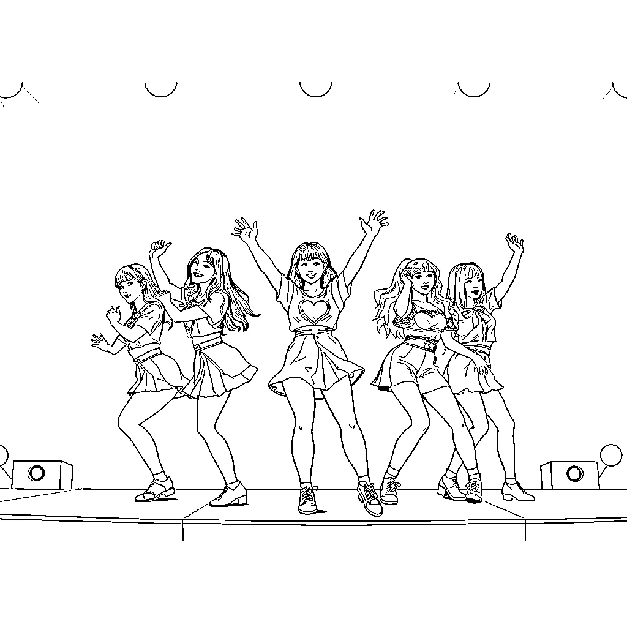 K Pop Girl Group Performing Energetic Dance Routine Coloring Page (free black-and-white line drawing printable PDF for all, from beginners to advanced learners, including children, teens, adults, and seniors)