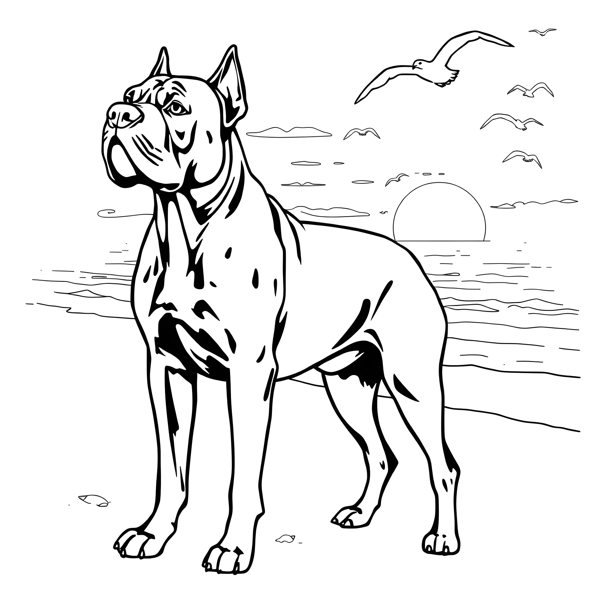Cane Corso standing proudly by the sea Coloring Page (free black-and-white line drawing printable PDF for all, from beginners to advanced learners, including children, teens, adults, and seniors)