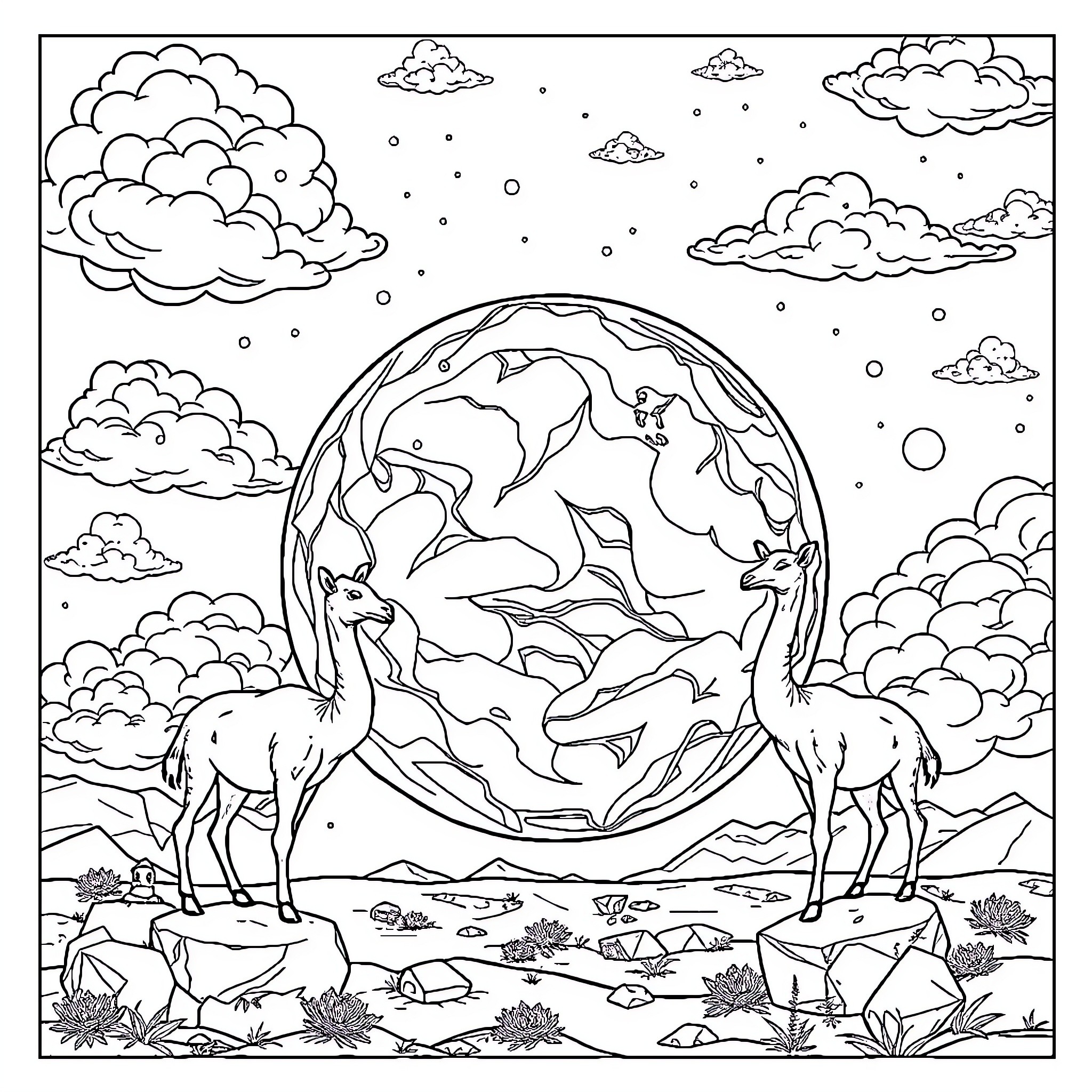 Planet with Majestic Giraffes and Scenic Landscape Coloring Page (free black-and-white line drawing printable PDF for all, from beginners to advanced learners, including children, teens, adults, and seniors)