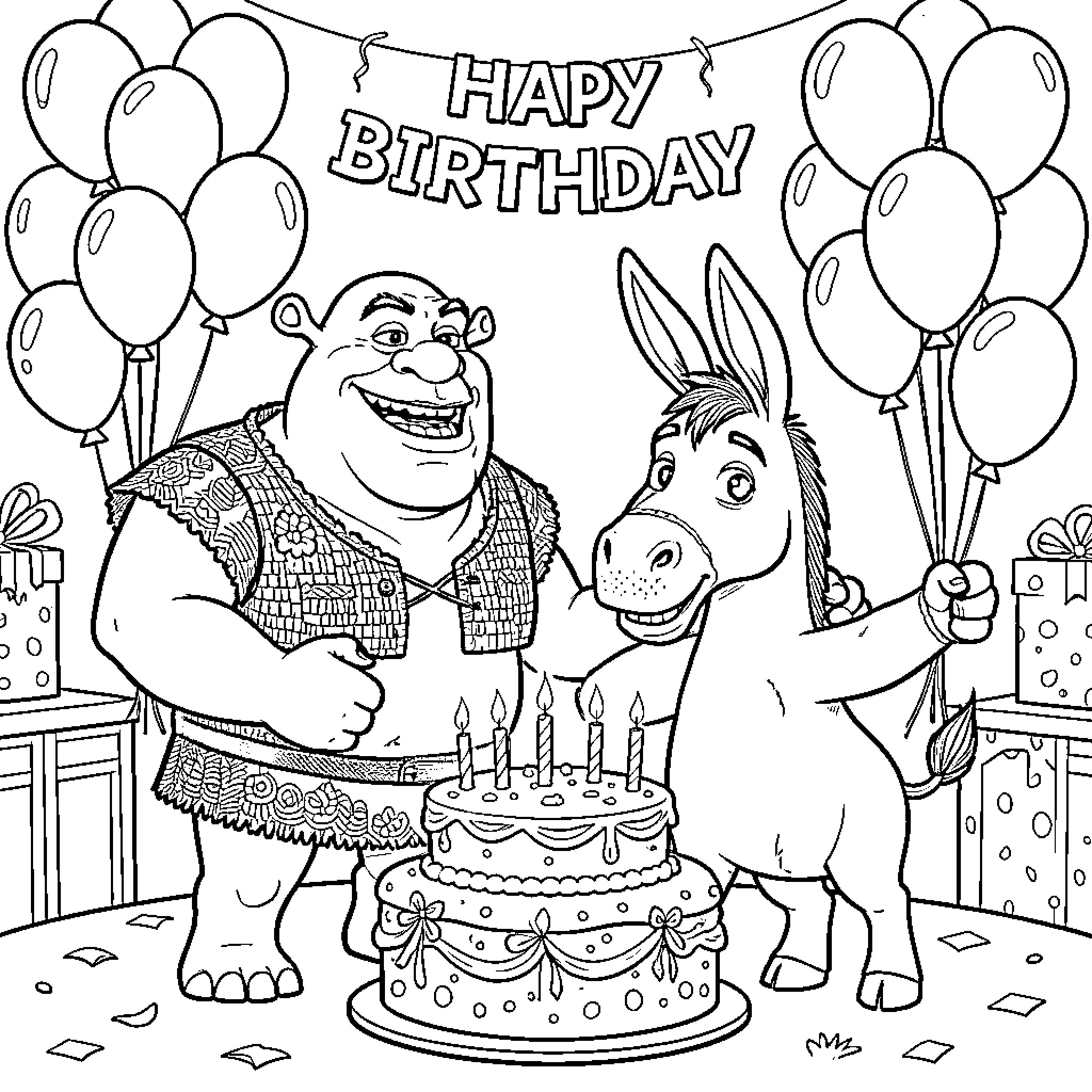 Shrek and Donkey celebrating birthday with cake and balloons Coloring Page (free black-and-white line drawing printable PDF for all, from beginners to advanced learners, including children, teens, adults, and seniors)
