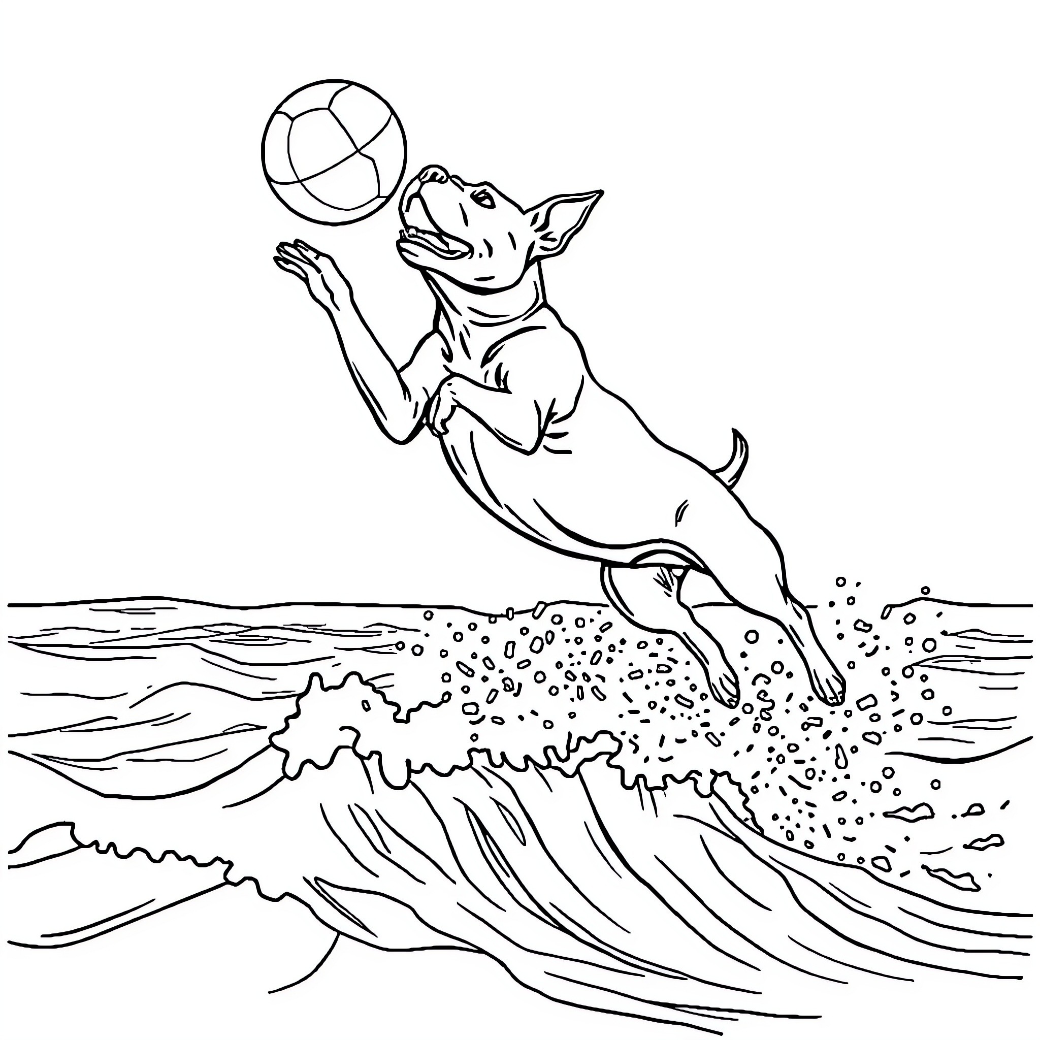 Pitbull enjoying a game of catch by the waves Coloring Page (free black-and-white line drawing printable PDF for all, from beginners to advanced learners, including children, teens, adults, and seniors)
