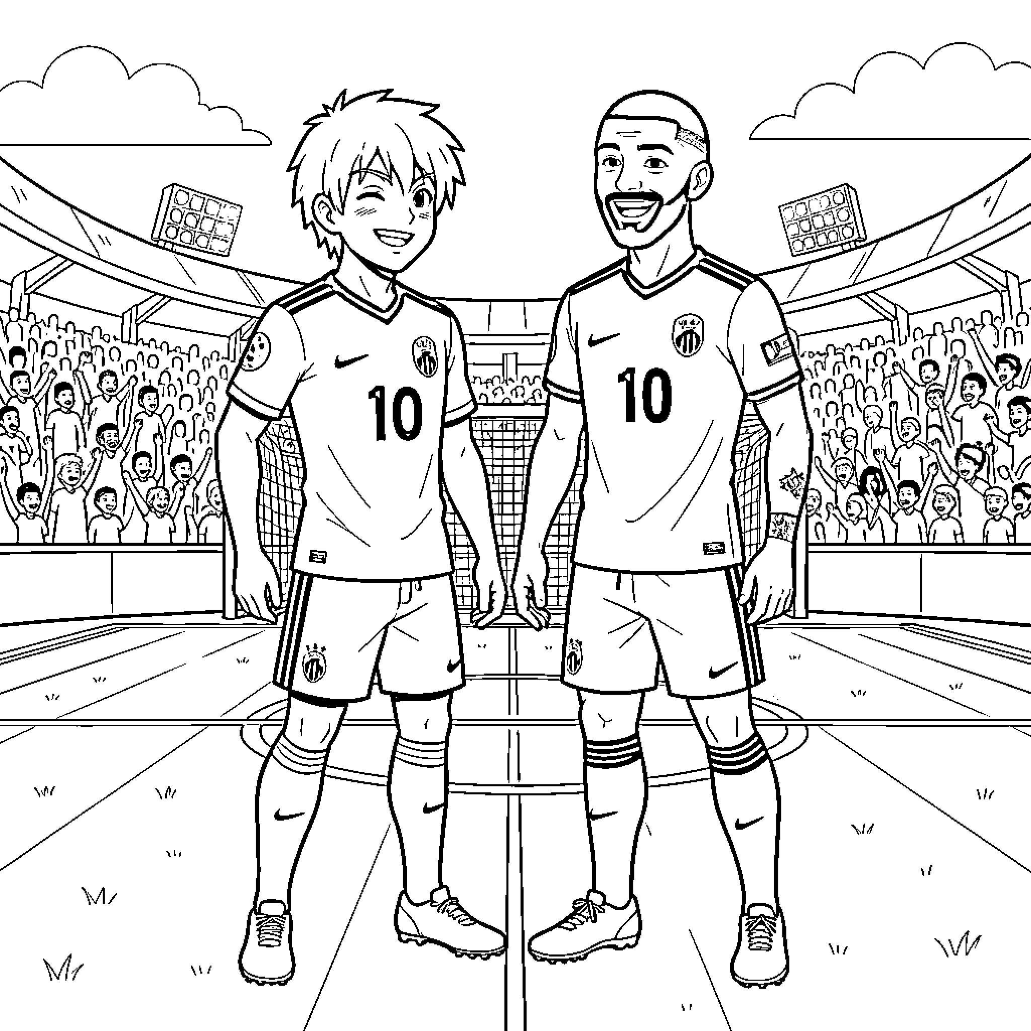 Zidane and a young player smiling in a stadium Coloring Page (free black-and-white line drawing printable PDF for all, from beginners to advanced learners, including children, teens, adults, and seniors)