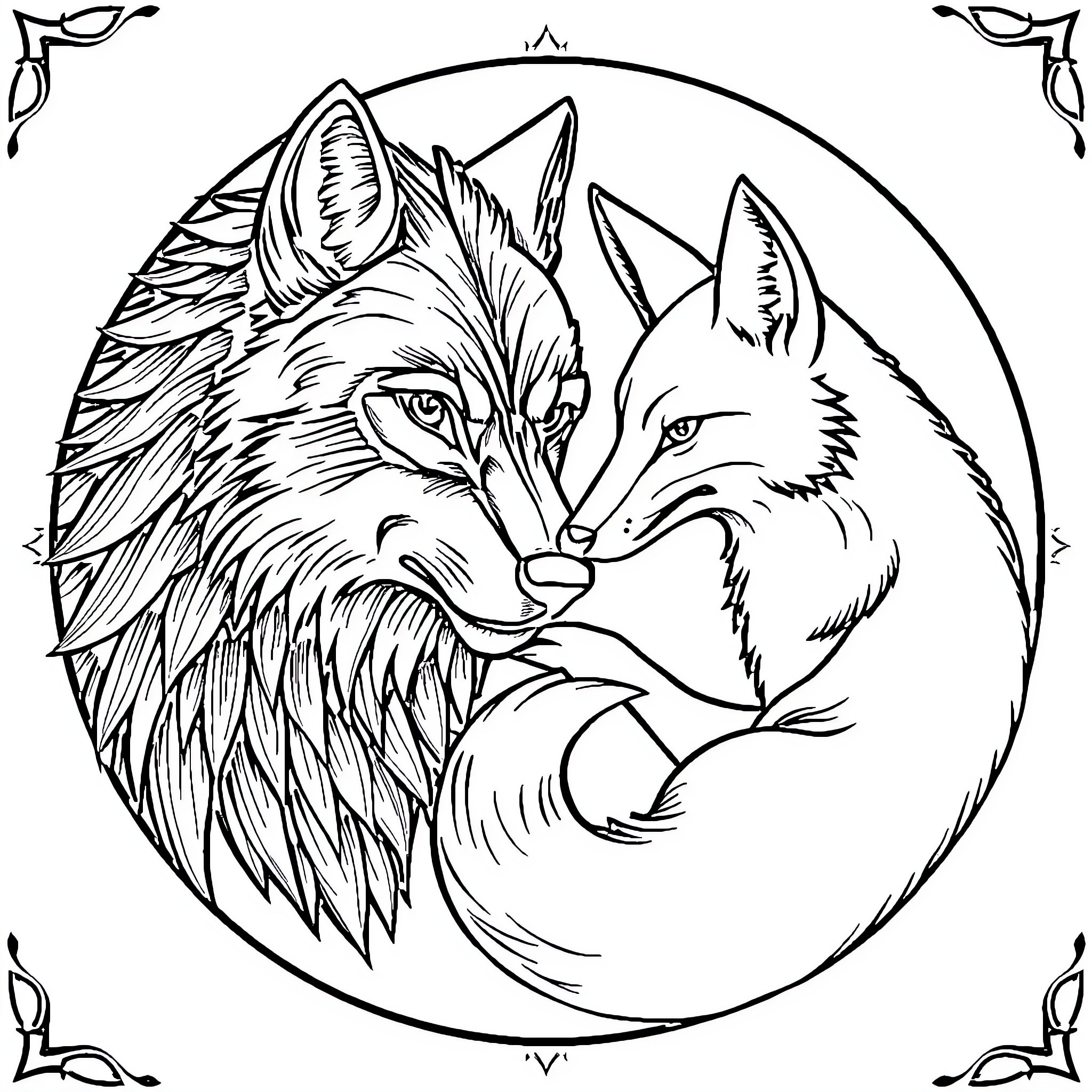 Wolf siblings in close embrace Coloring Page (free black-and-white line drawing printable PDF for all, from beginners to advanced learners, including children, teens, adults, and seniors)