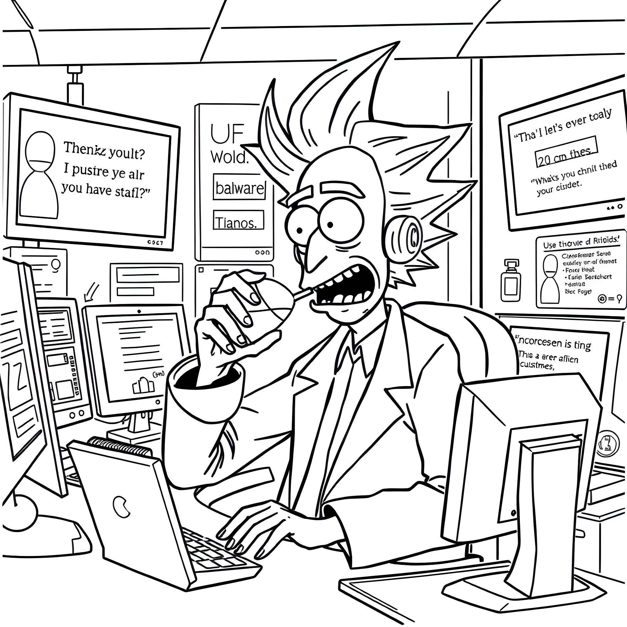 Rick Sanchez at the office, dealing with office shenanigans Coloring Page (free black-and-white line drawing printable PDF for all, from beginners to advanced learners, including children, teens, adults, and seniors)