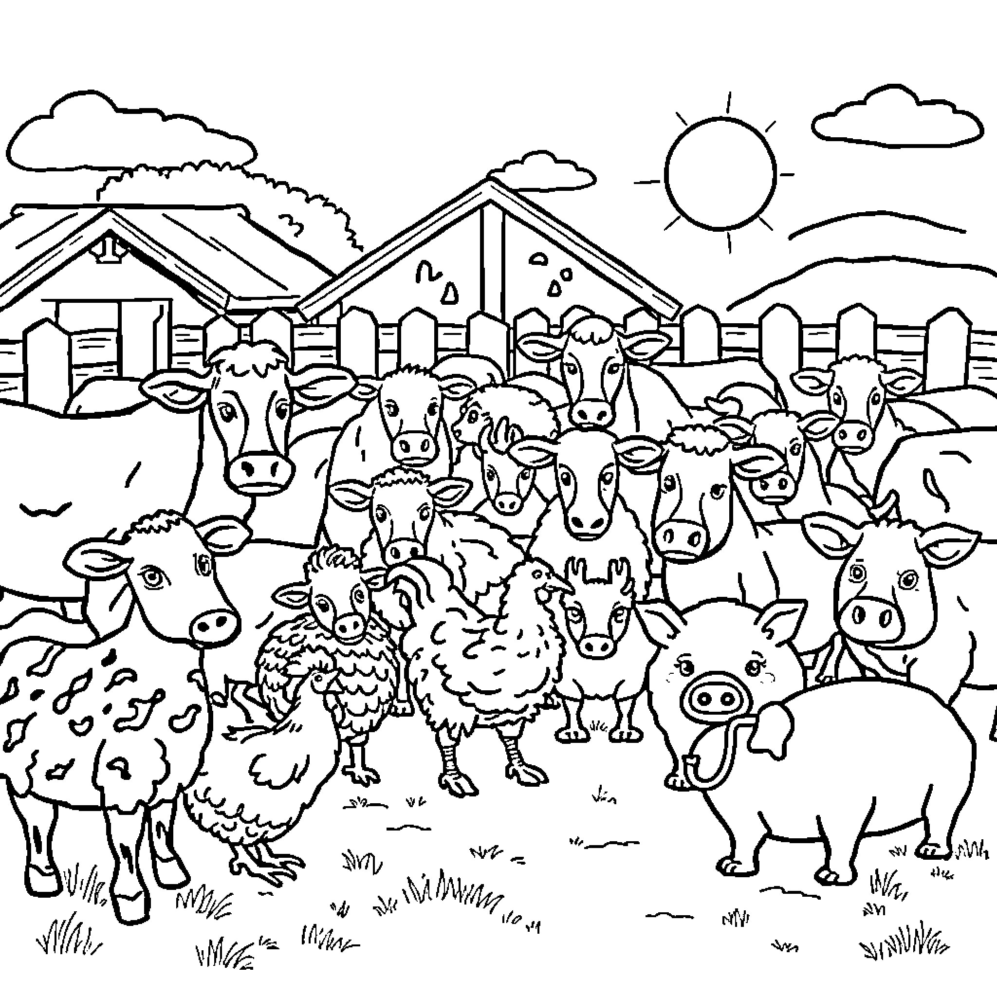 Farm Animal Gathering at the Countryside Scene Coloring Page (free black-and-white line drawing printable PDF for all, from beginners to advanced learners, including children, teens, adults, and seniors)
