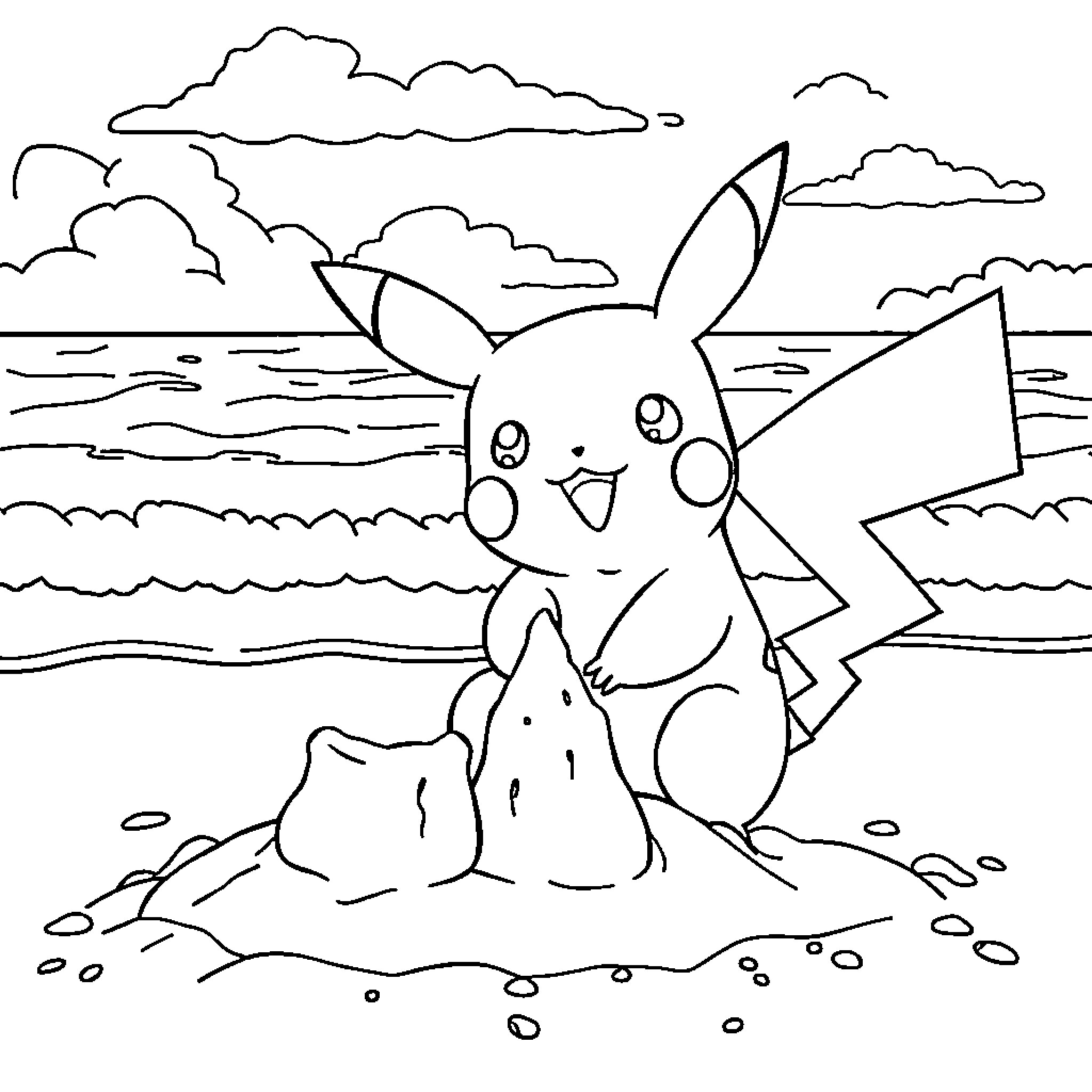 Pikachu playing on the beach Coloring Page (free black-and-white line drawing printable PDF for all, from beginners to advanced learners, including children, teens, adults, and seniors)