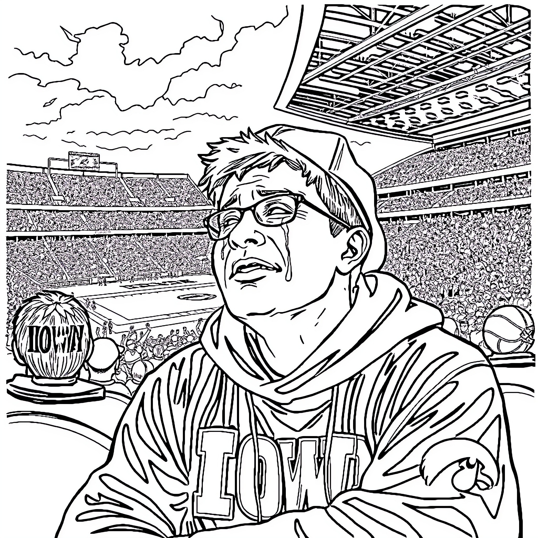 University of Iowa Fan Cheering Enthusiastically at the Game Coloring Page (free black-and-white line drawing printable PDF for all, from beginners to advanced learners, including children, teens, adults, and seniors)