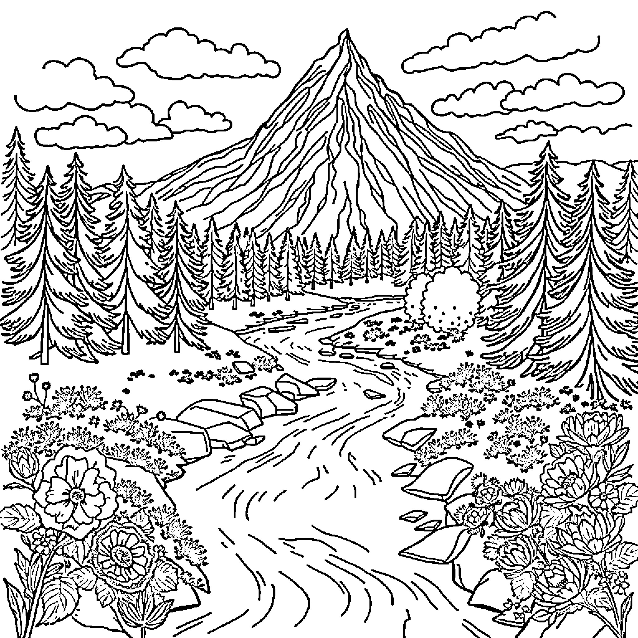 Landscape of a Mountainous Forest Pathway Coloring Page (free black-and-white line drawing printable PDF for all, from beginners to advanced learners, including children, teens, adults, and seniors)