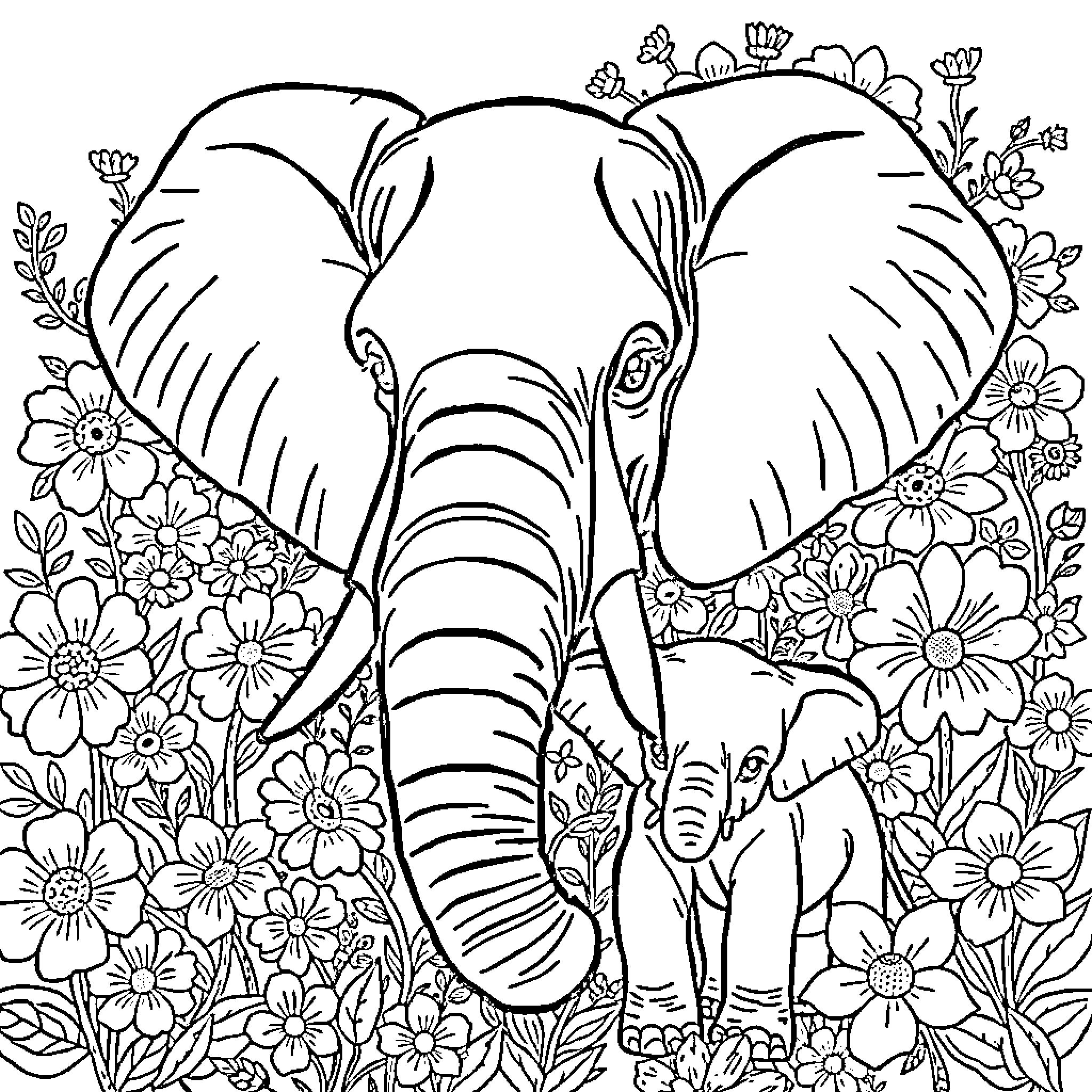 Elephant in a floral garden Coloring Page (free black-and-white line drawing printable PDF for all, from beginners to advanced learners, including children, teens, adults, and seniors)