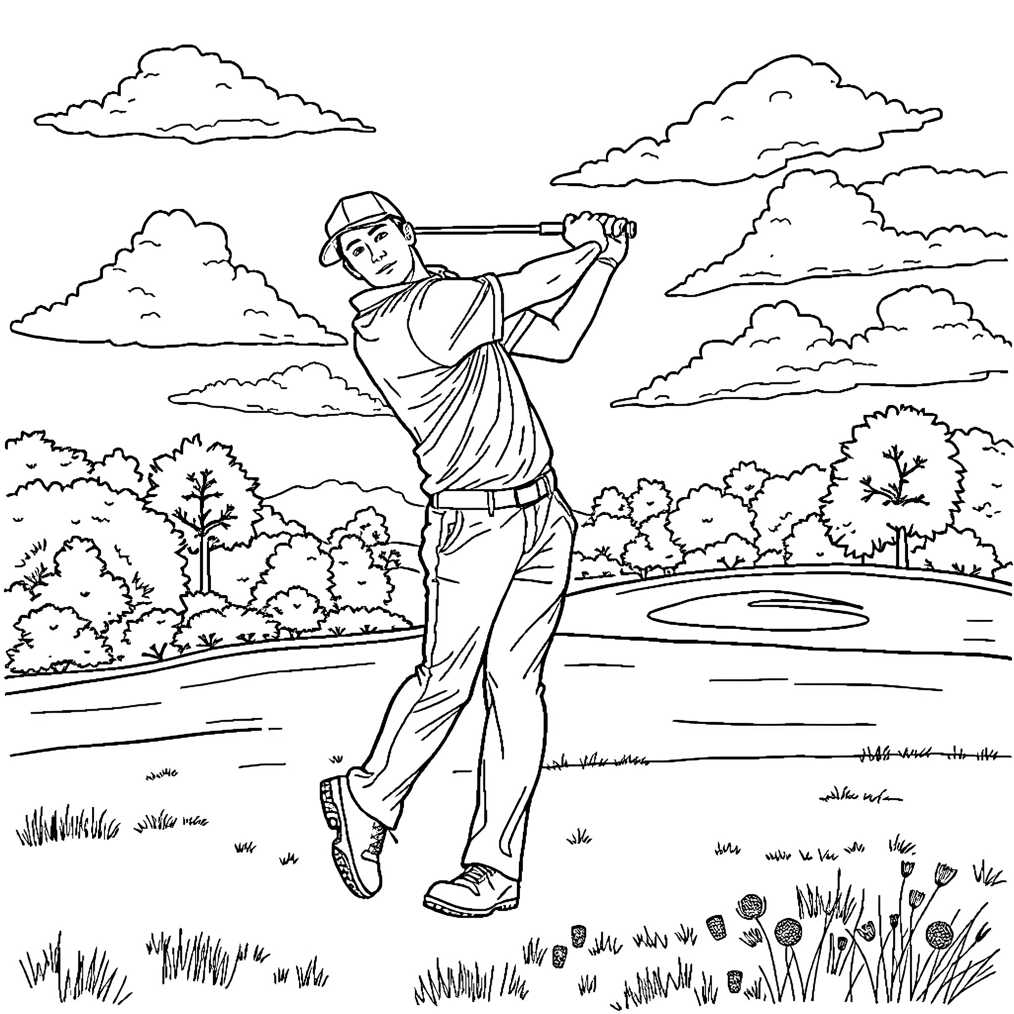 Golf player swinging on course with scenic landscape Coloring Page (free black-and-white line drawing printable PDF for all, from beginners to advanced learners, including children, teens, adults, and seniors)