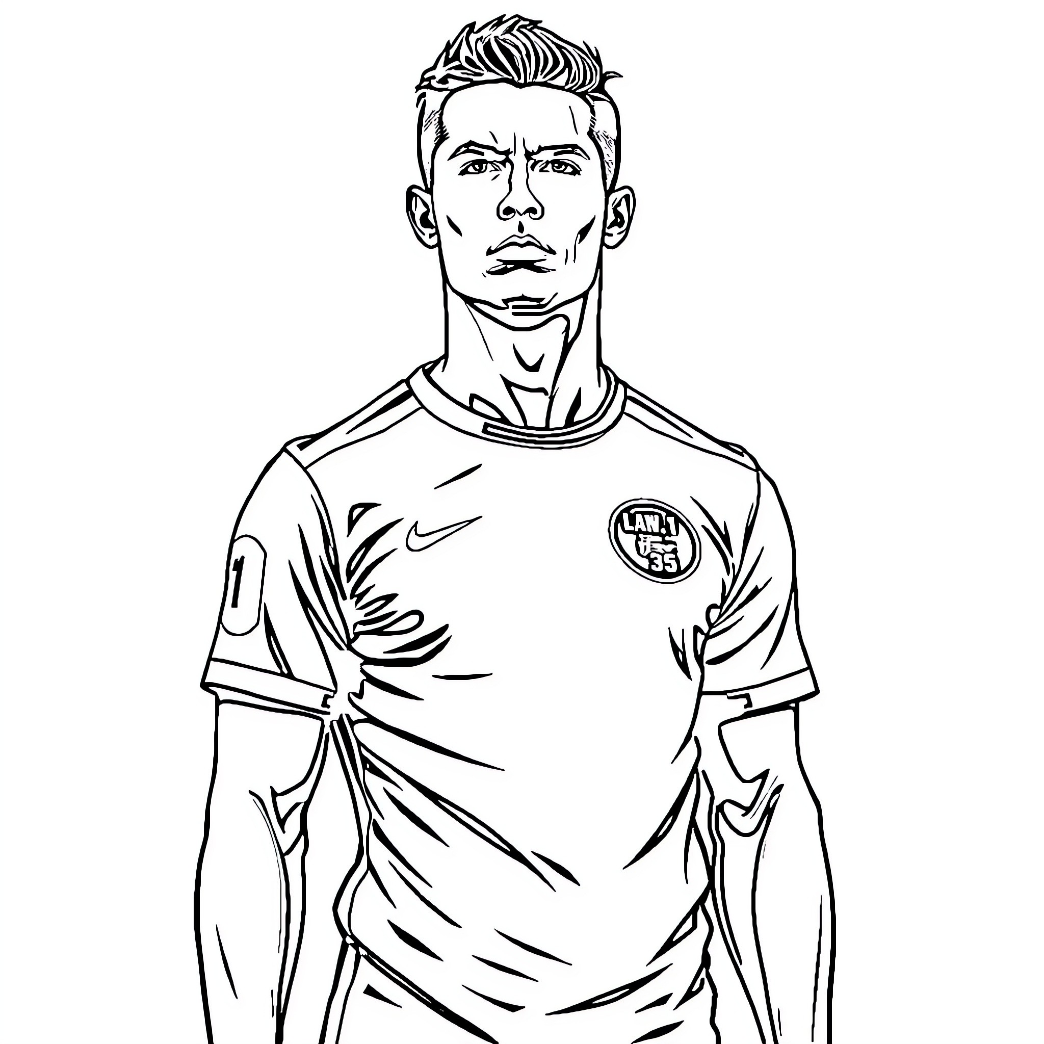 Ronaldo in focused soccer player pose Coloring Page (free black-and-white line drawing printable PDF for all, from beginners to advanced learners, including children, teens, adults, and seniors)