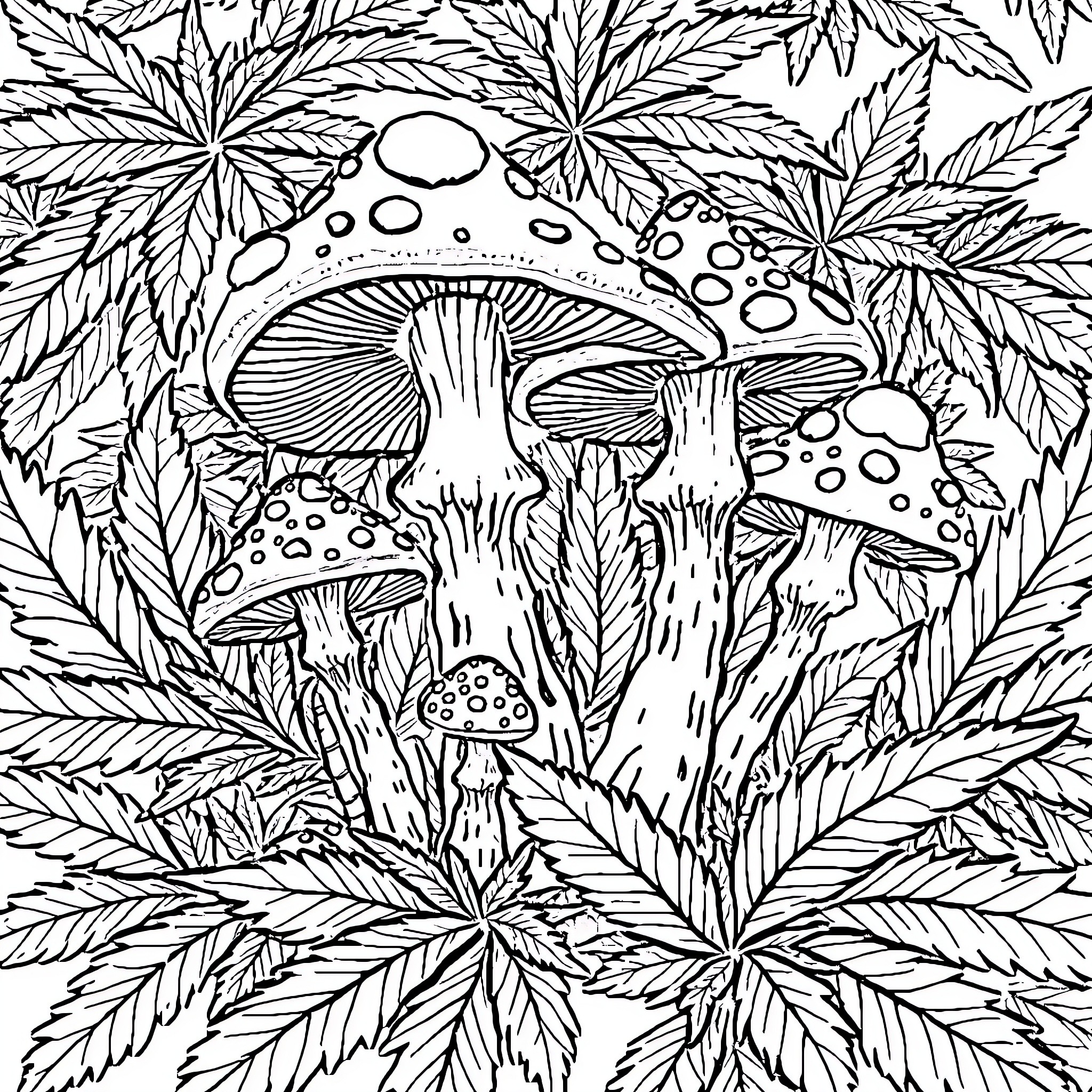 Mushroom Wonderland with Cannabis Leaves Coloring Page (free black-and-white line drawing printable PDF for all, from beginners to advanced learners, including children, teens, adults, and seniors)
