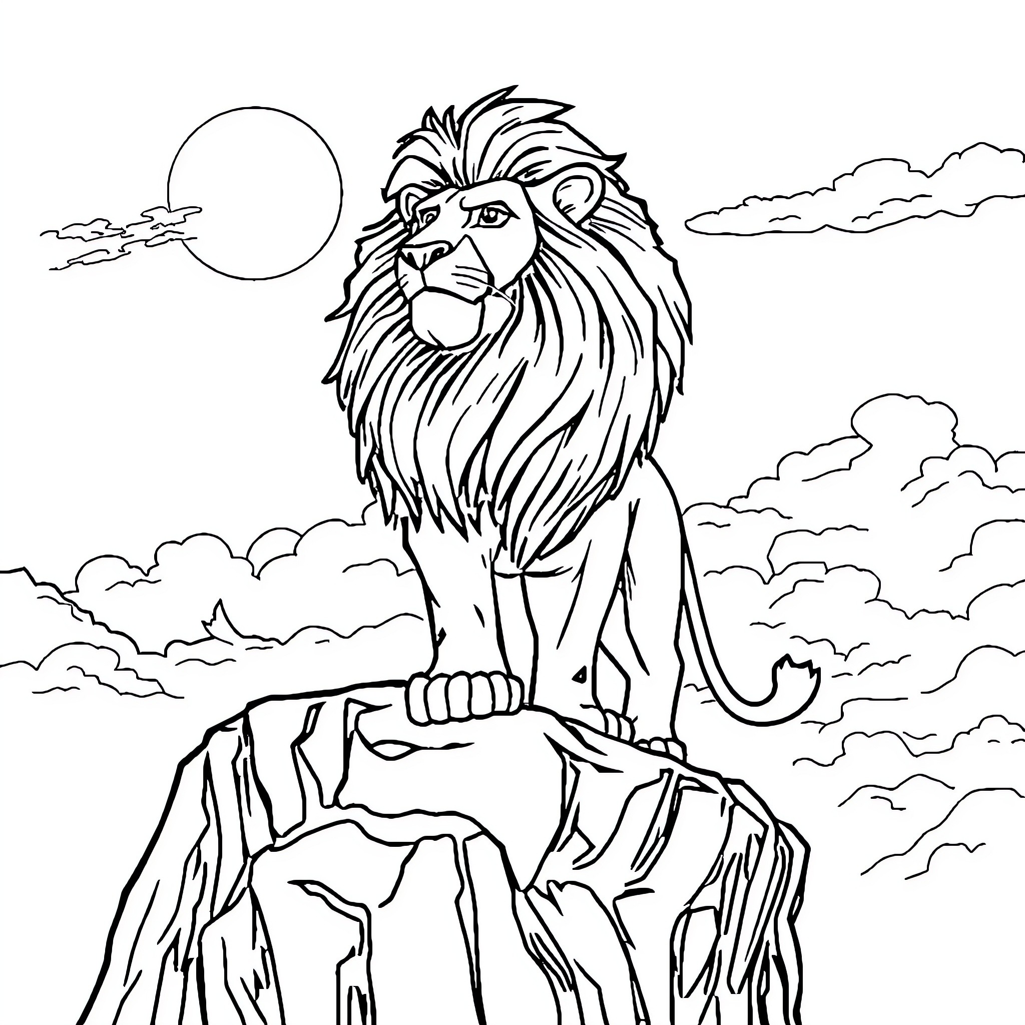 Lion surveying the serene landscape at sunset Coloring Page (free black-and-white line drawing printable PDF for all, from beginners to advanced learners, including children, teens, adults, and seniors)
