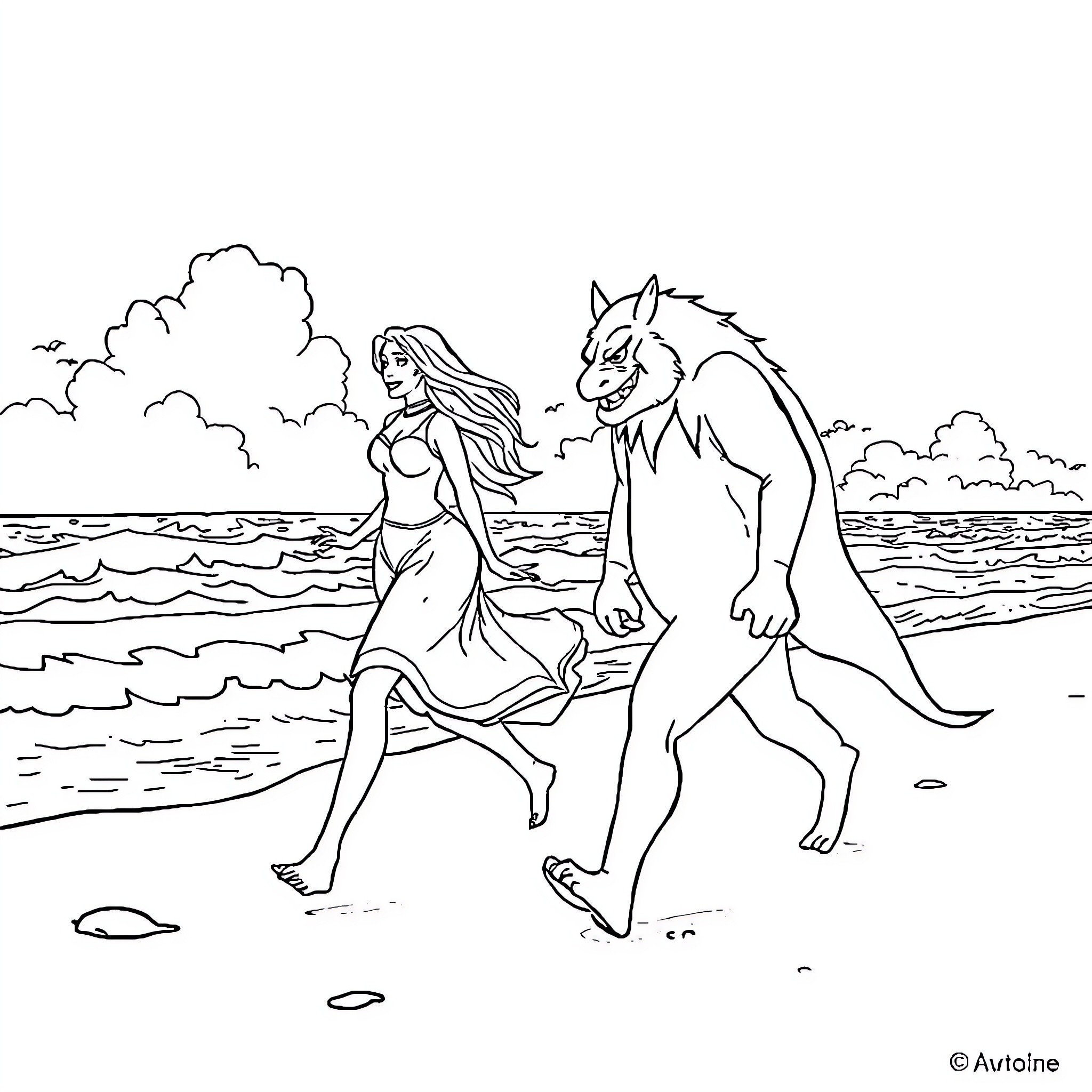 Beauty And The Beast Strolling By The Seaside Coloring Page (free black-and-white line drawing printable PDF for all, from beginners to advanced learners, including children, teens, adults, and seniors)