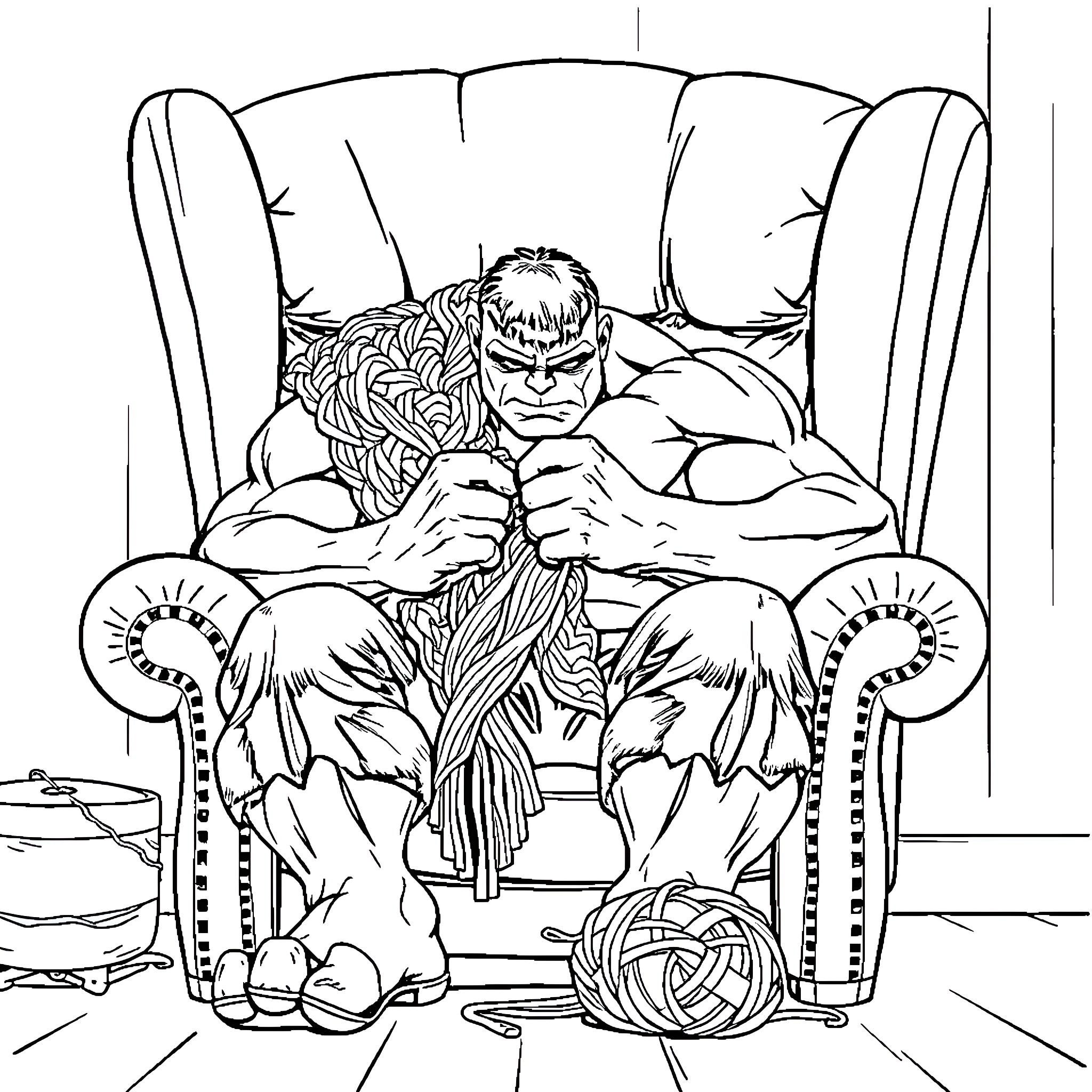 Hulk sitting in a chair, looking angry and contemplative Coloring Page (free black-and-white line drawing printable PDF for all, from beginners to advanced learners, including children, teens, adults, and seniors)