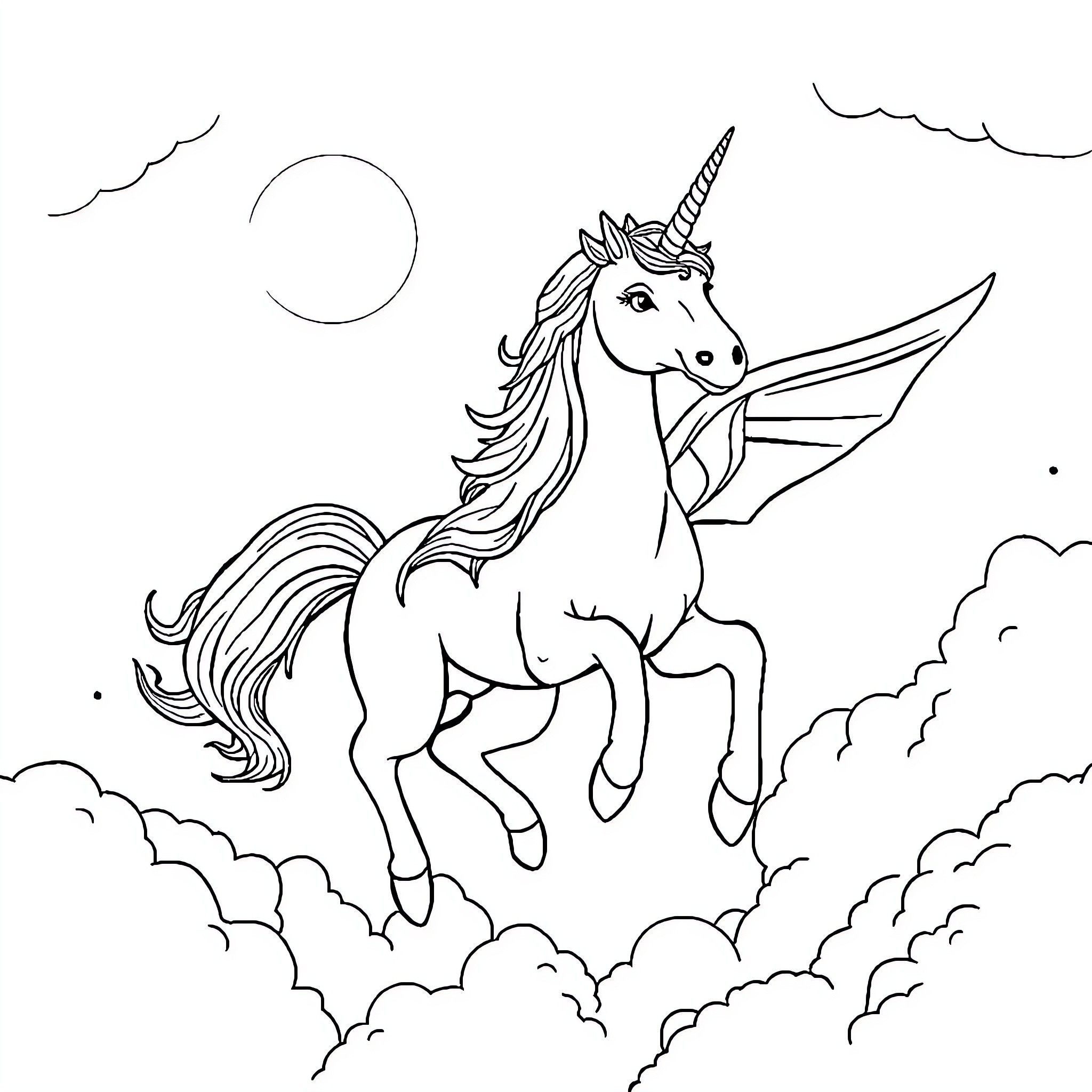 Unicorn soaring through the clouds at night Coloring Page (free black-and-white line drawing printable PDF for all, from beginners to advanced learners, including children, teens, adults, and seniors)