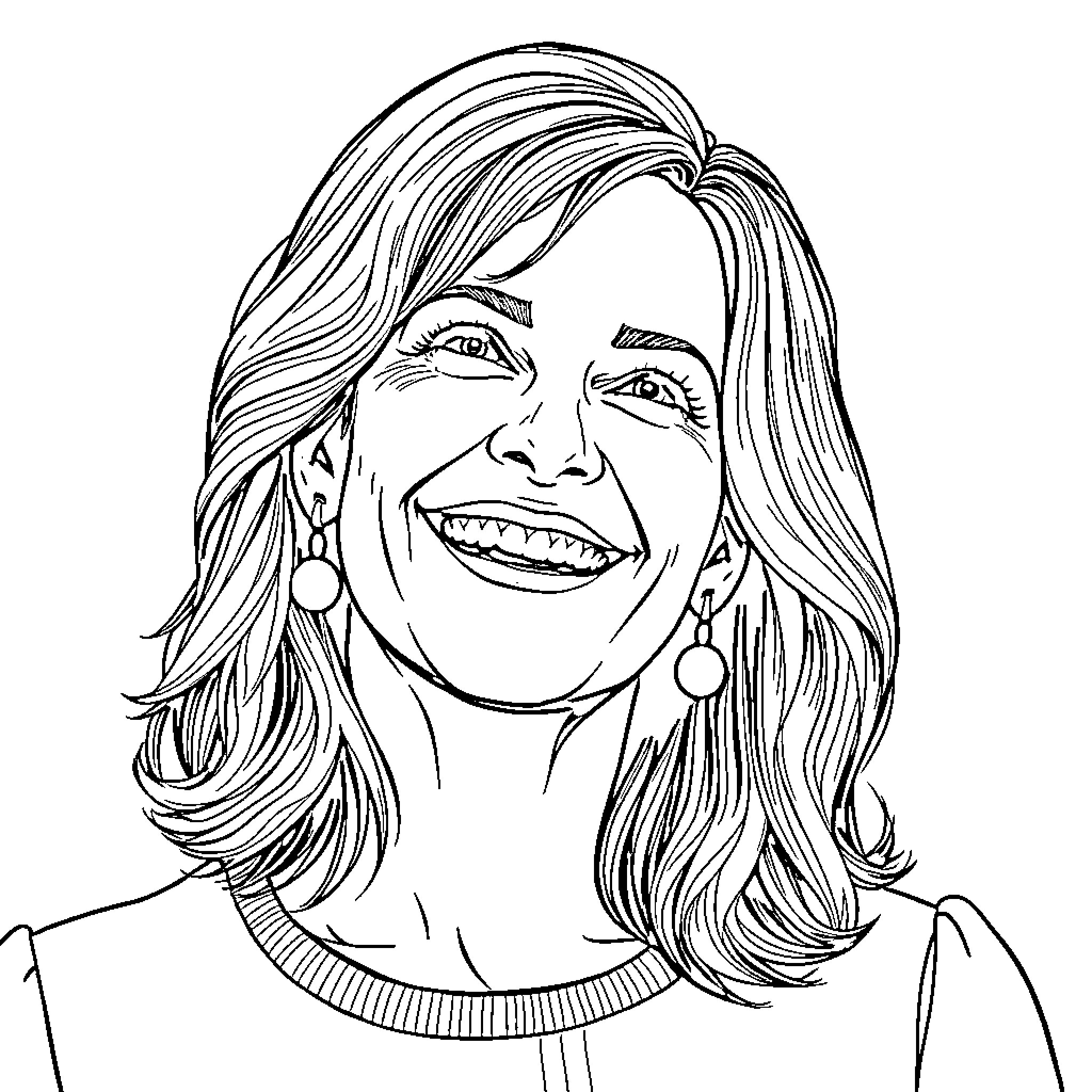 Julia Roberts smiling joyfully in portrait Coloring Page (free black-and-white line drawing printable PDF for all, from beginners to advanced learners, including children, teens, adults, and seniors)