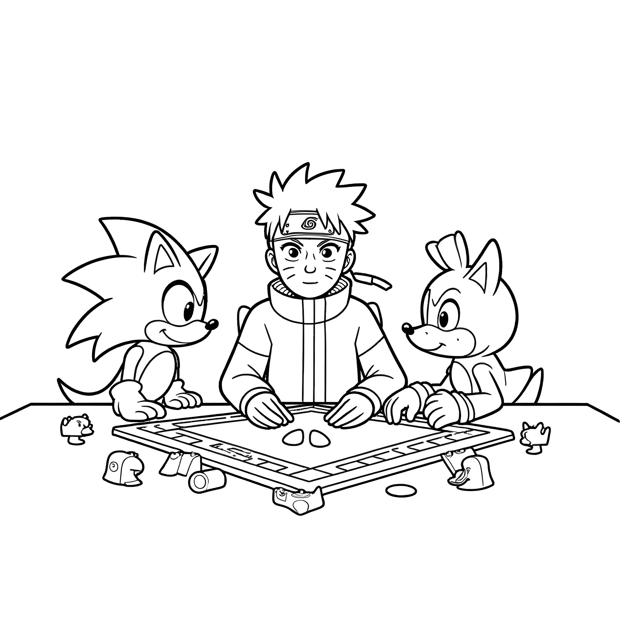 Naruto playing board game with friends Coloring Page (free black-and-white line drawing printable PDF for all, from beginners to advanced learners, including children, teens, adults, and seniors)