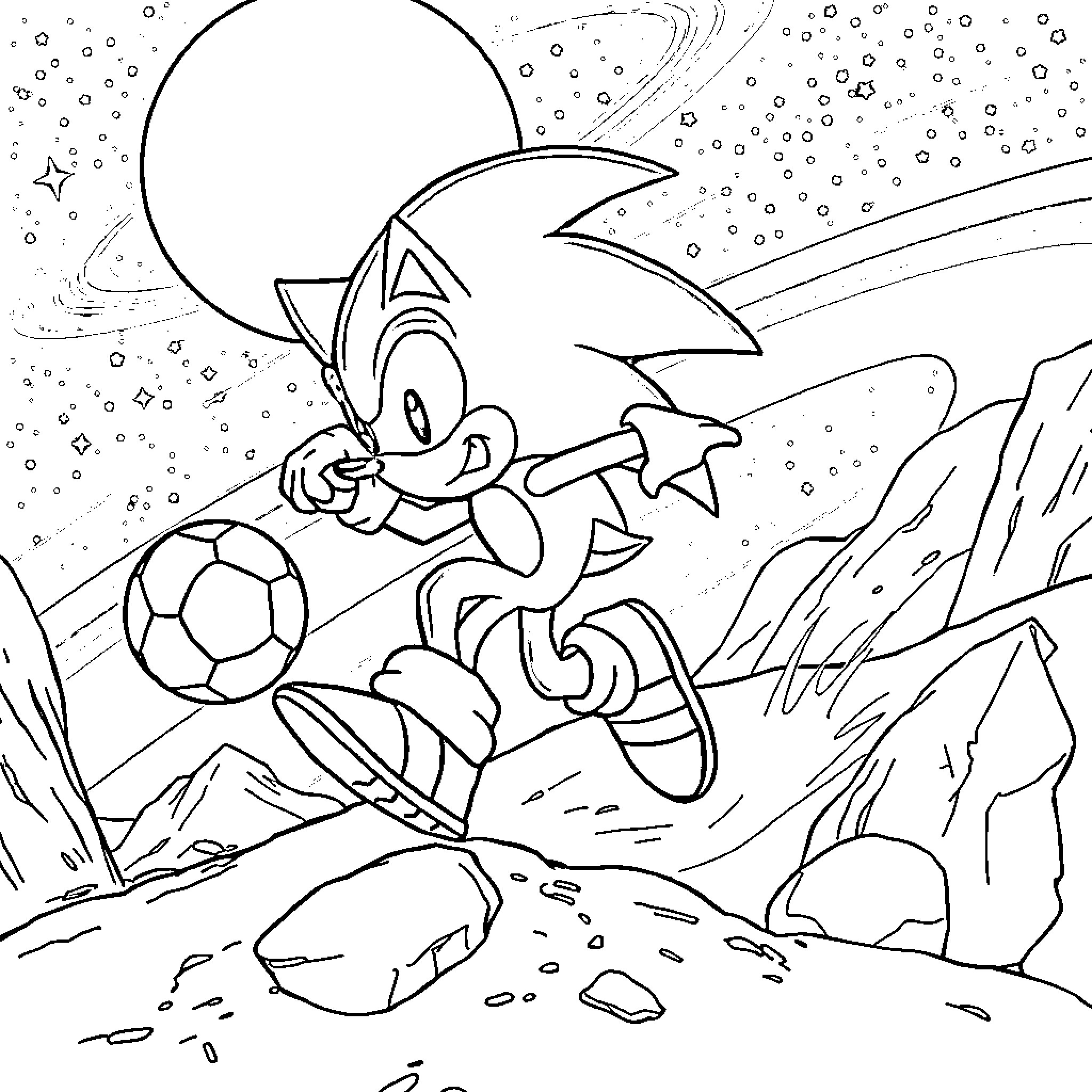 Sonic playing soccer under the starry night sky Coloring Page (free black-and-white line drawing printable PDF for all, from beginners to advanced learners, including children, teens, adults, and seniors)
