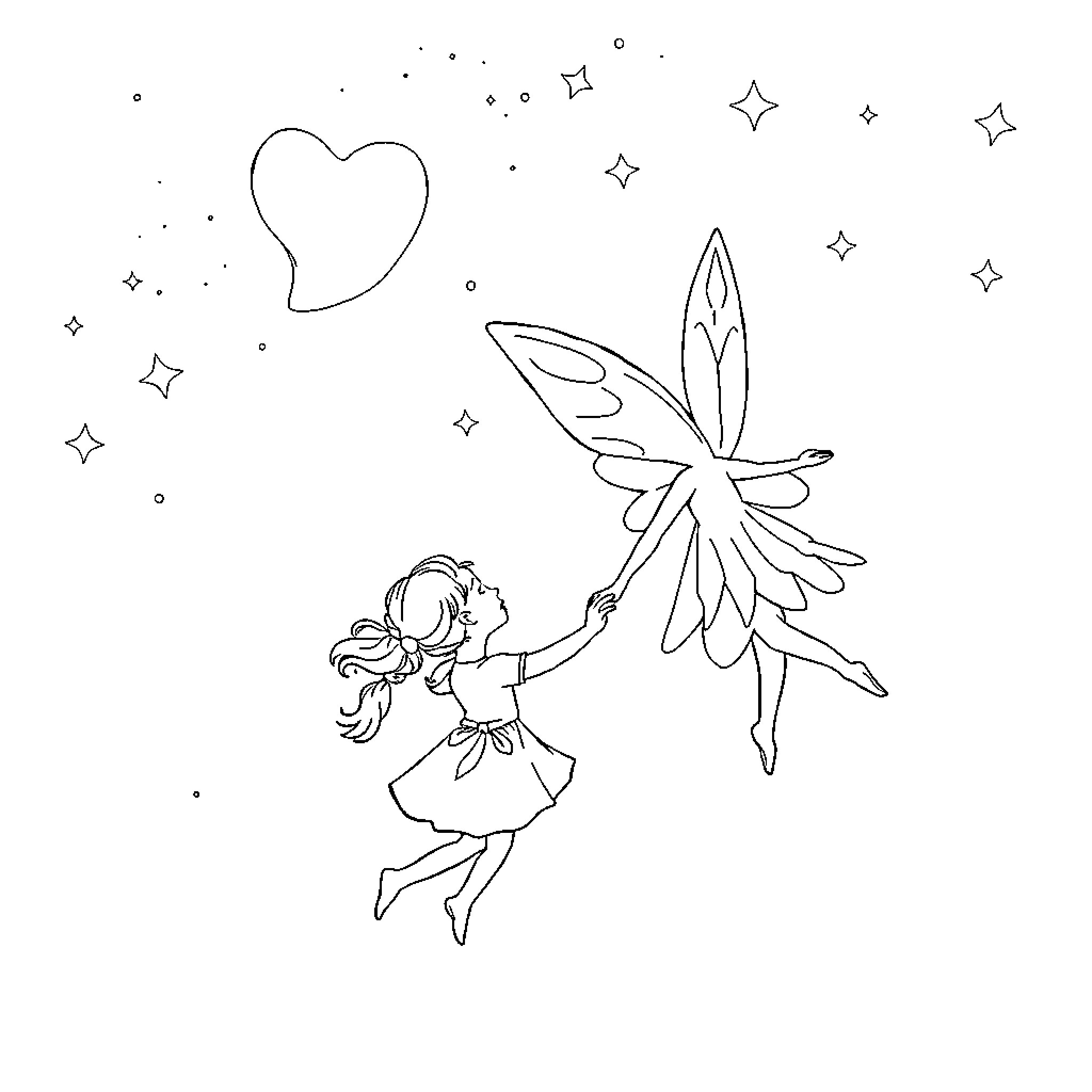Tooth Fairy's Whimsical Dance Under the Stars Coloring Page (free black-and-white line drawing printable PDF for all, from beginners to advanced learners, including children, teens, adults, and seniors)