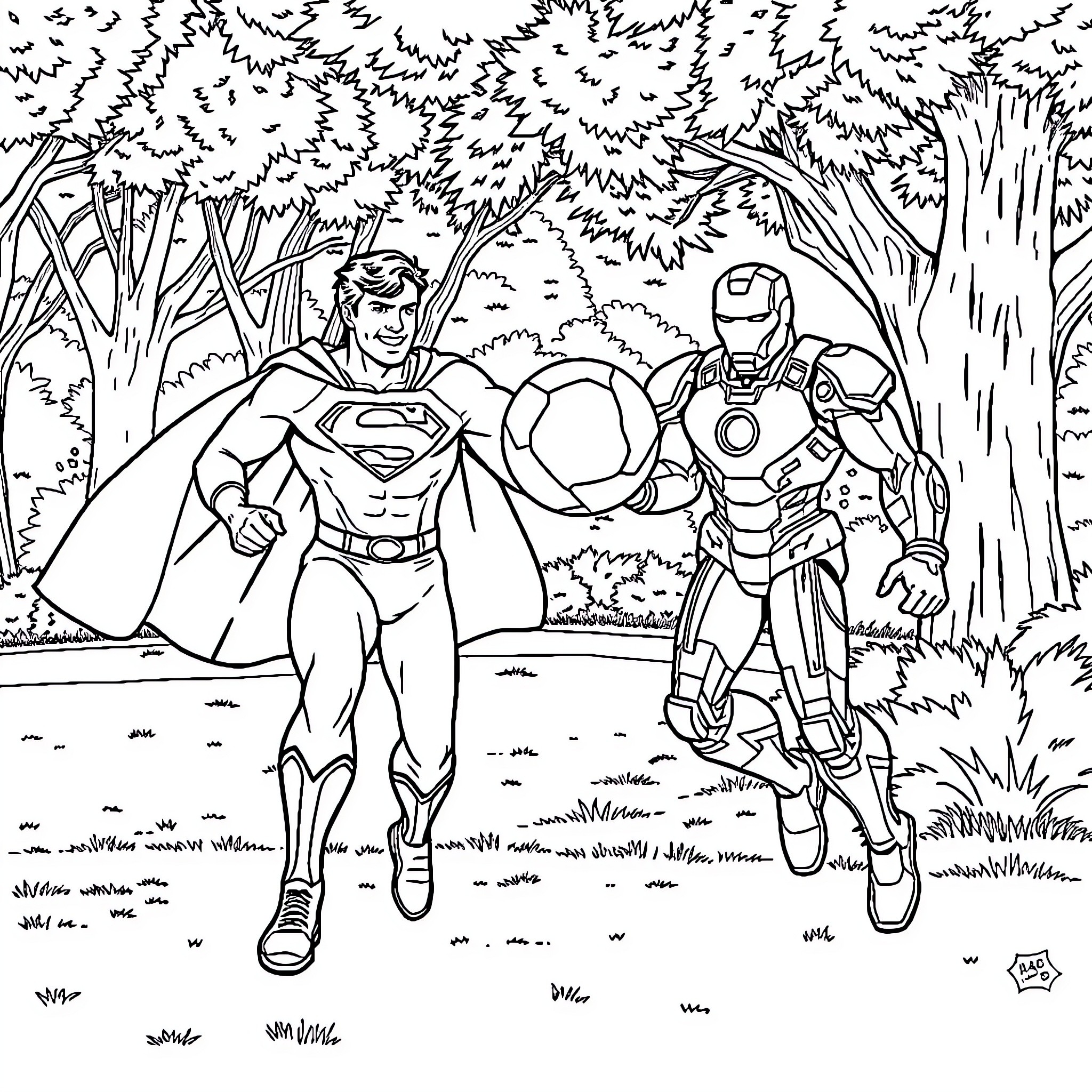 Superman and Iron Man exploring the forest Coloring Page (free black-and-white line drawing printable PDF for all, from beginners to advanced learners, including children, teens, adults, and seniors)