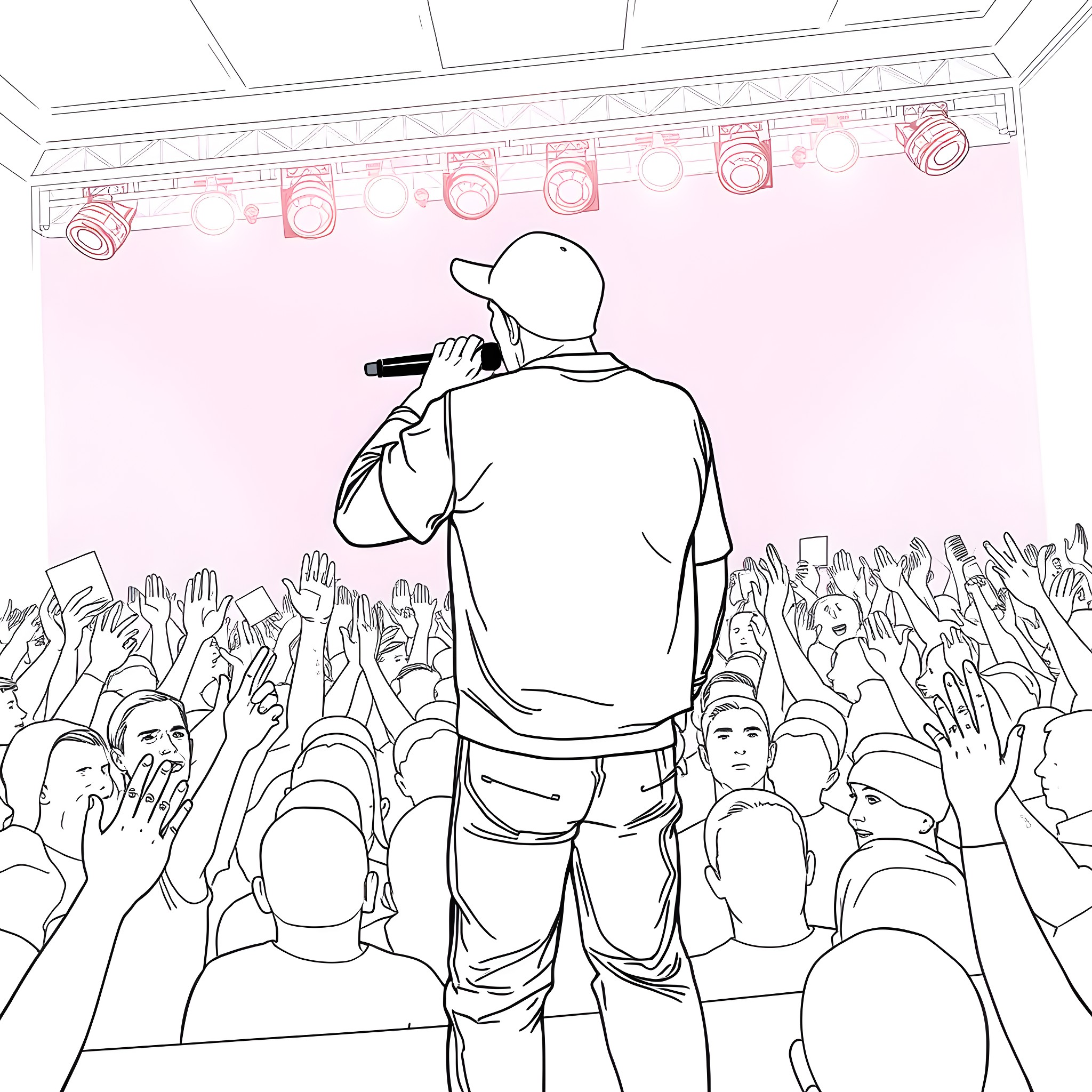 Eminem performing on stage with energetic crowd Coloring Page (free black-and-white line drawing printable PDF for all, from beginners to advanced learners, including children, teens, adults, and seniors)