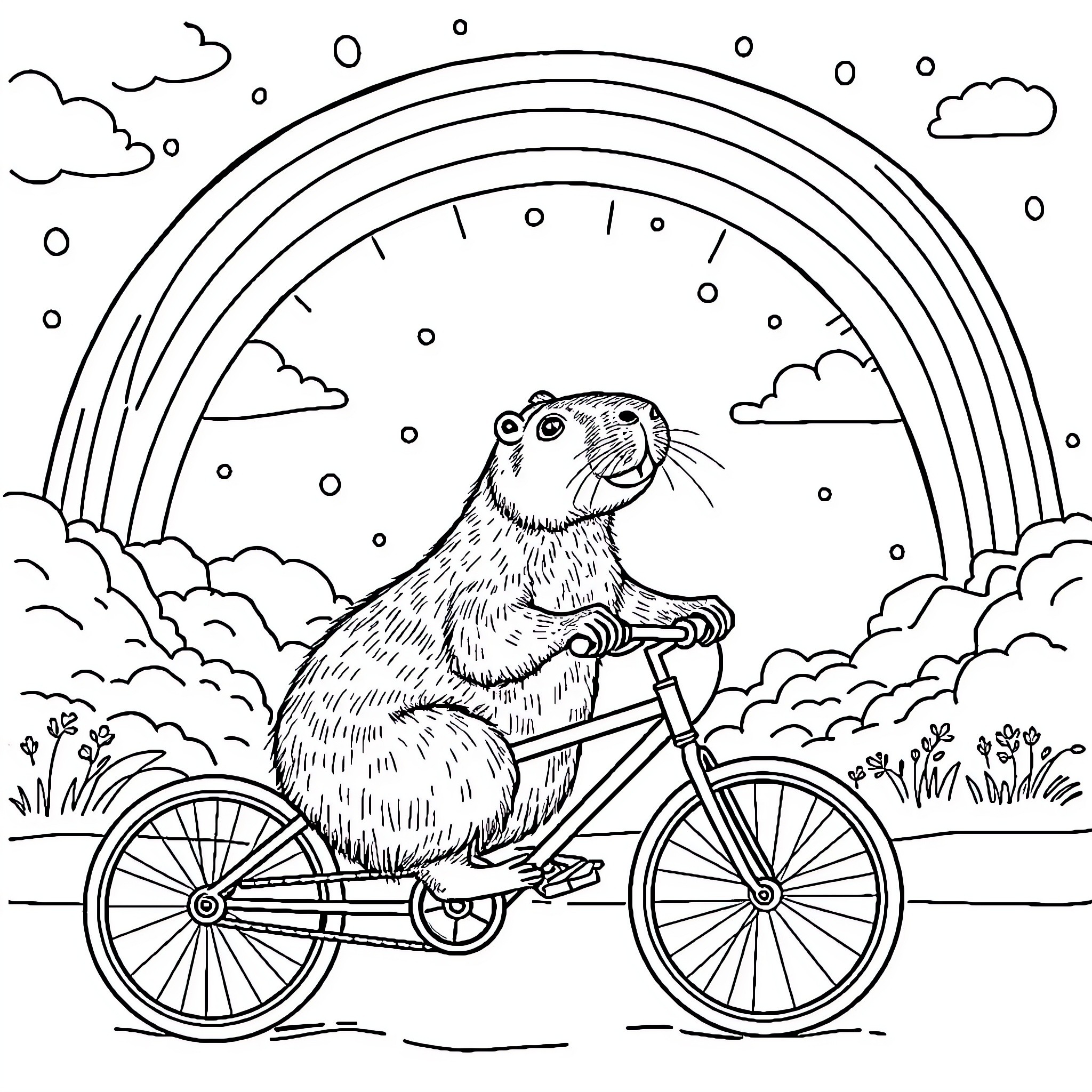 Capybara riding a bicycle under a rainbow Coloring Page (free black-and-white line drawing printable PDF for all, from beginners to advanced learners, including children, teens, adults, and seniors)