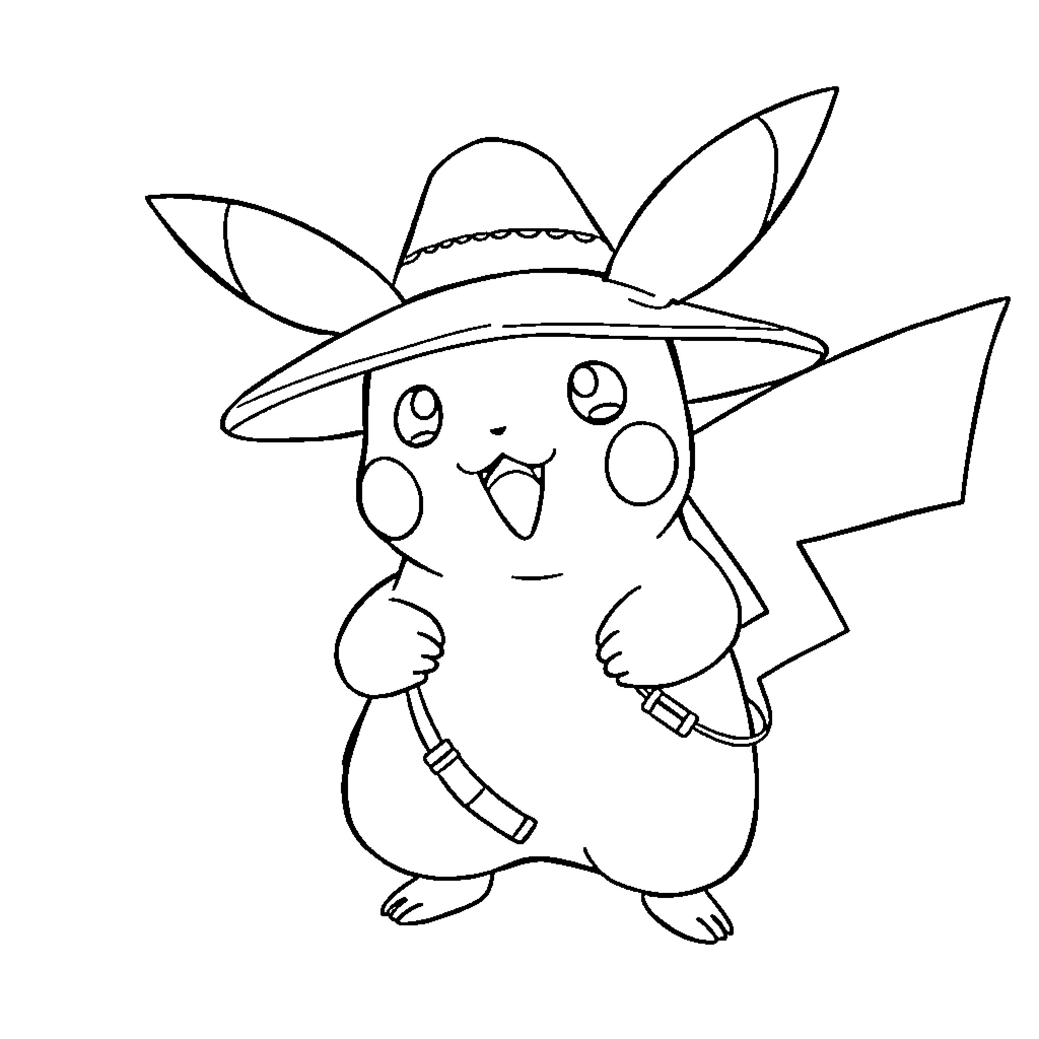 Pikachu wearing a sombrero and posing Coloring Page (free black-and-white line drawing printable PDF for all, from beginners to advanced learners, including children, teens, adults, and seniors)